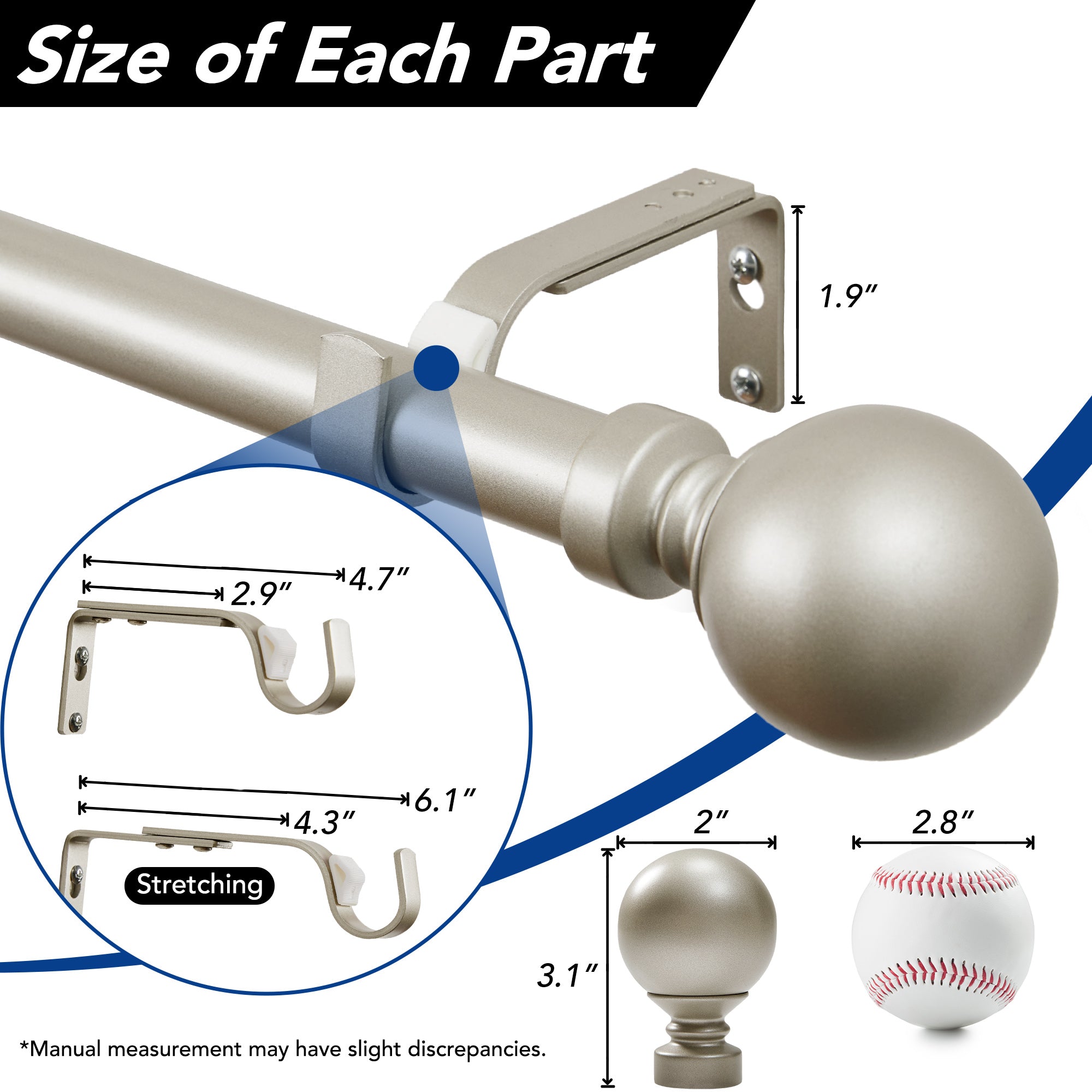 Deconovo 1-Inch Adjustable Curtain Rod with Modern Ball Finials – Includes Mounting Hardware