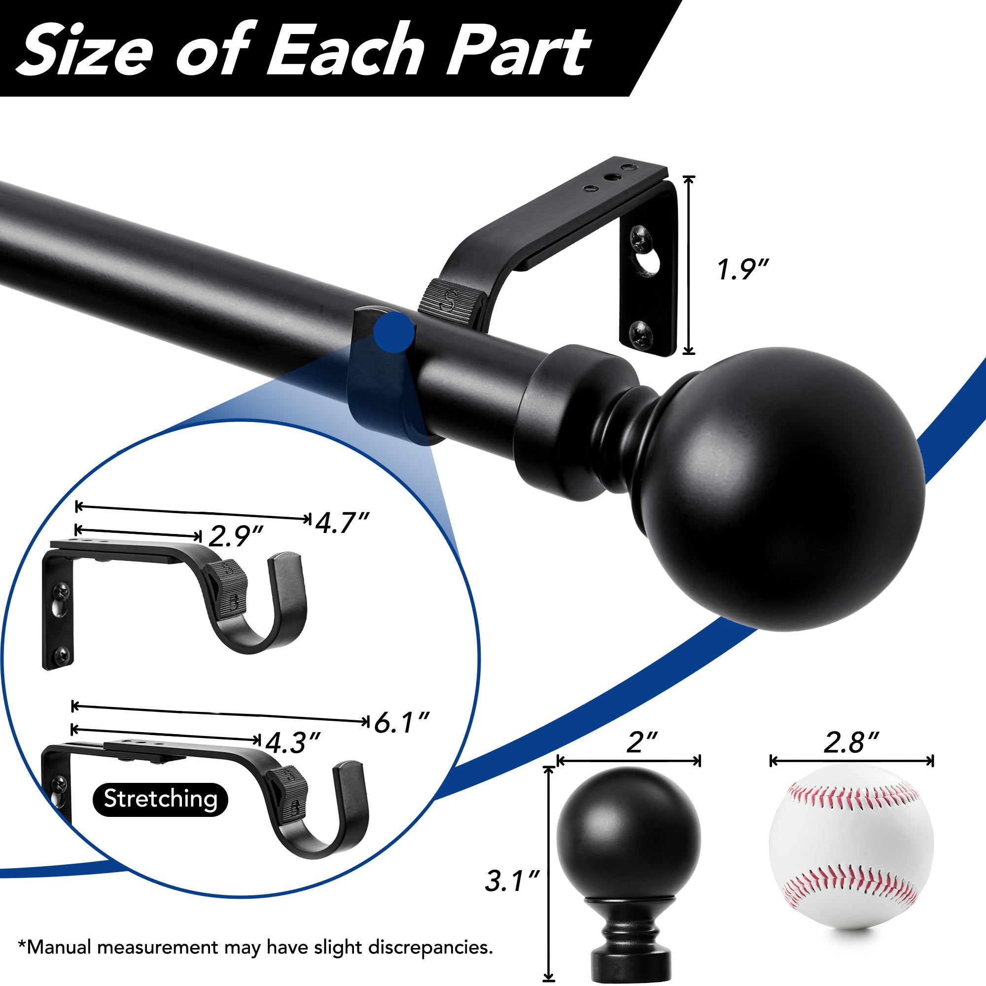 Deconovo 1-Inch Adjustable Curtain Rod with Modern Ball Finials – Includes Mounting Hardware