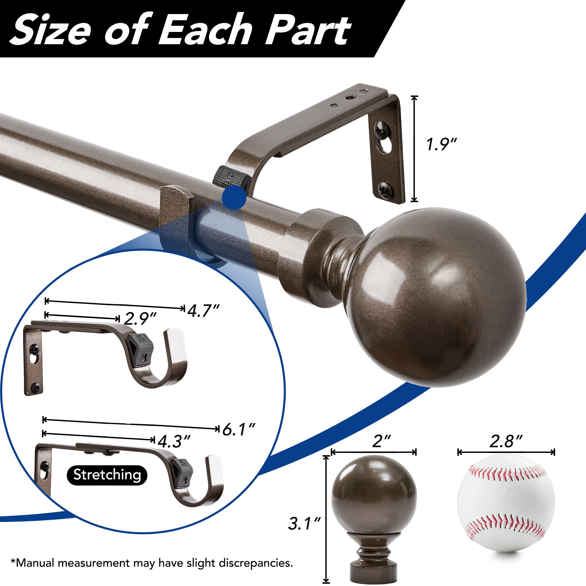 Deconovo 1-Inch Adjustable Curtain Rod with Modern Ball Finials – Includes Mounting Hardware