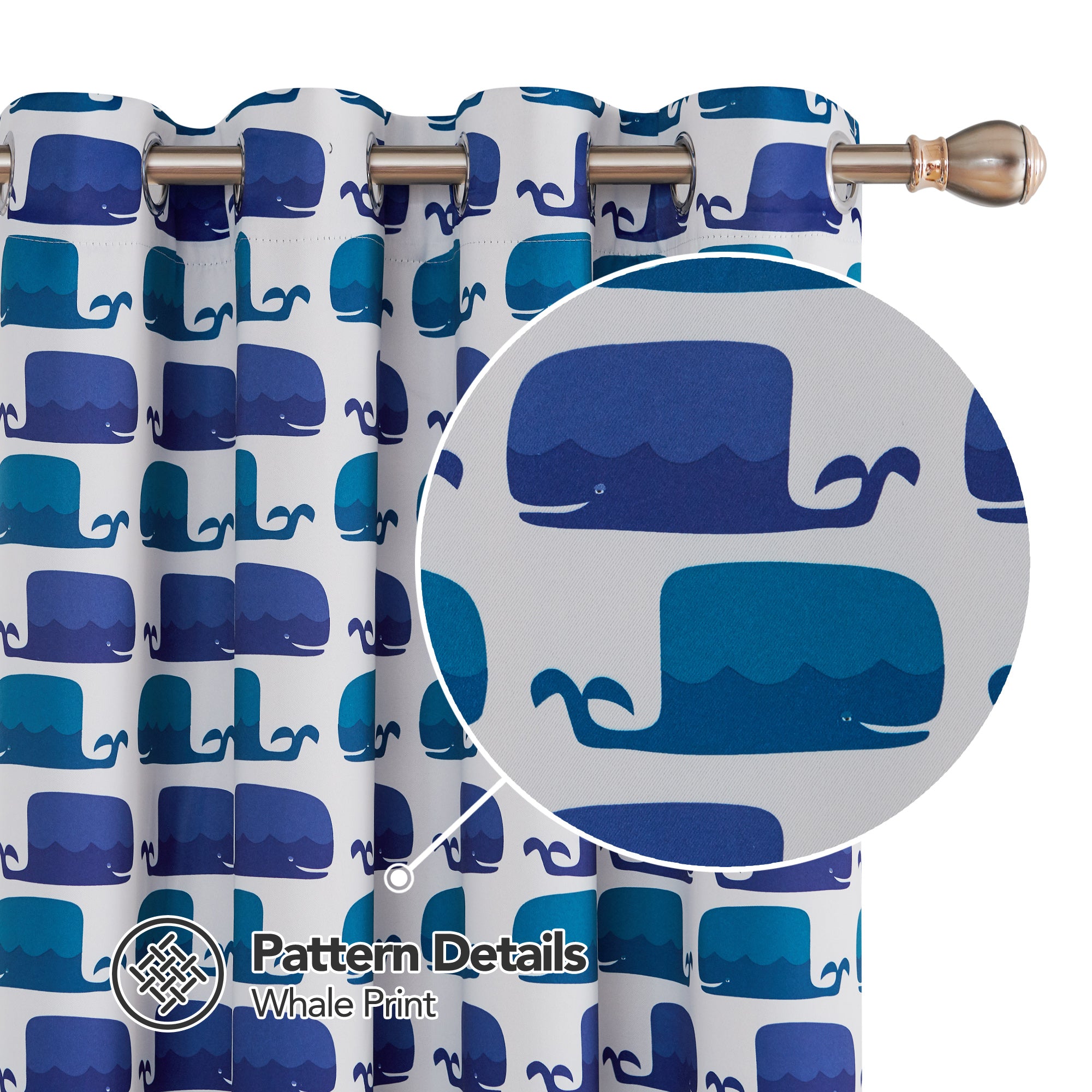 Deconovo Whale Print Blackout Curtains – Thermal Insulated, 2 Panels