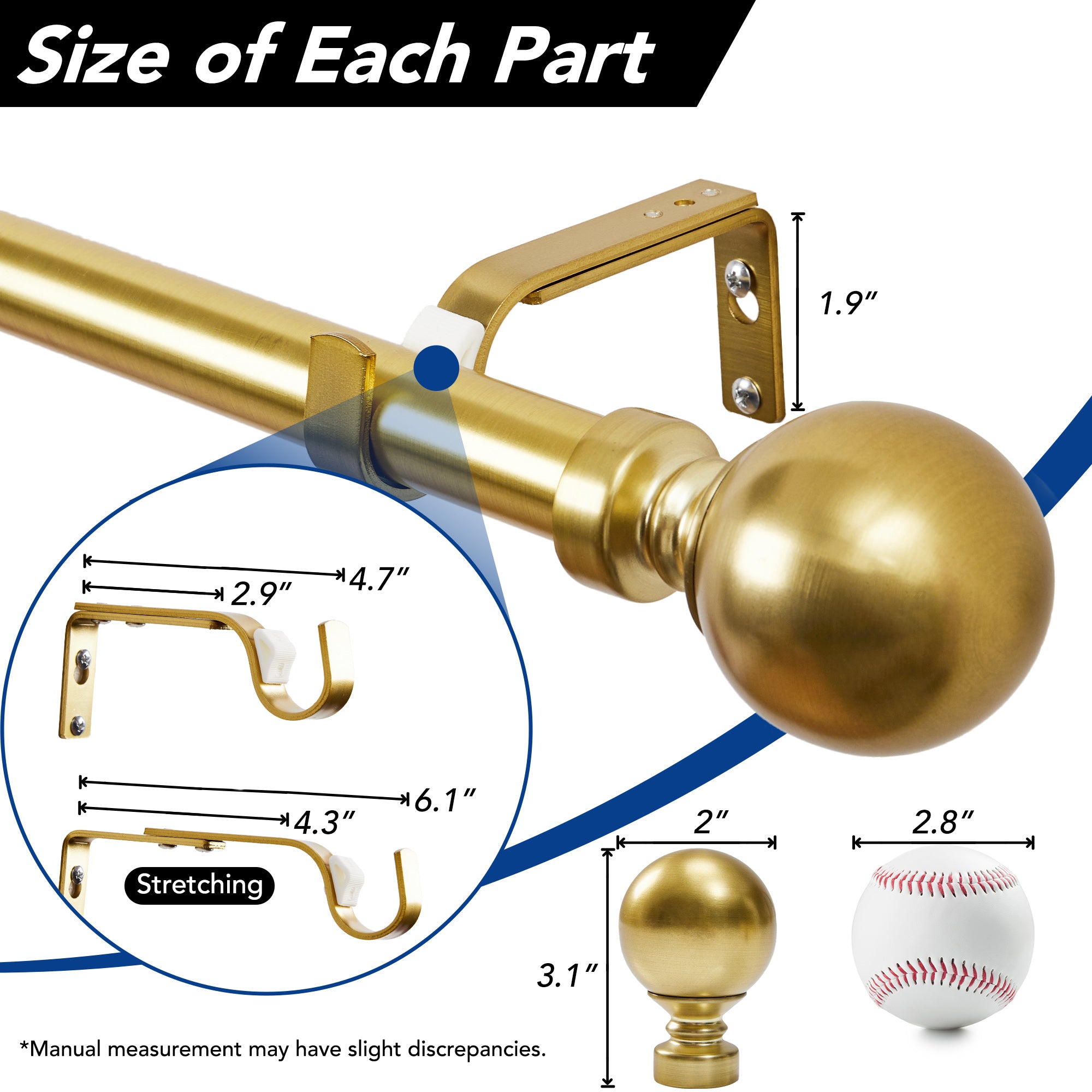 Deconovo 1-Inch Adjustable Curtain Rod with Modern Ball Finials – Includes Mounting Hardware