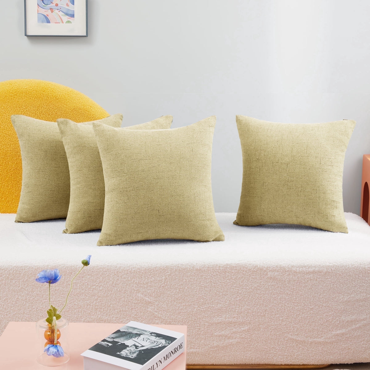Deconovo Faux Linen Throw Pillow Covers, 4 Pack - Fla x Yellow, 24 x 24, Coarse Fau x Linen