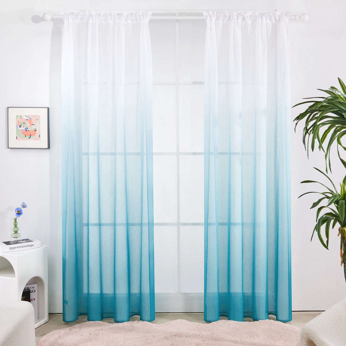 Deconovo Ombre Semi Sheer Rod Pocket Curtains, 2 Panels - Blue, 52 x 84