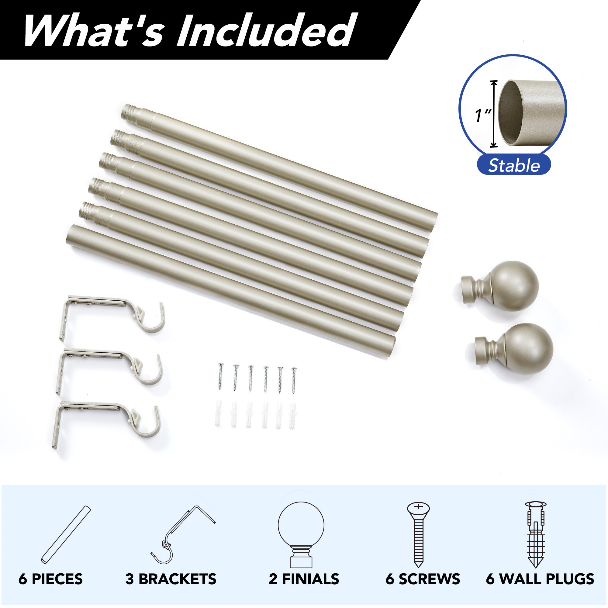 Deconovo 1-Inch Adjustable Curtain Rod with Modern Ball Finials – Includes Mounting Hardware