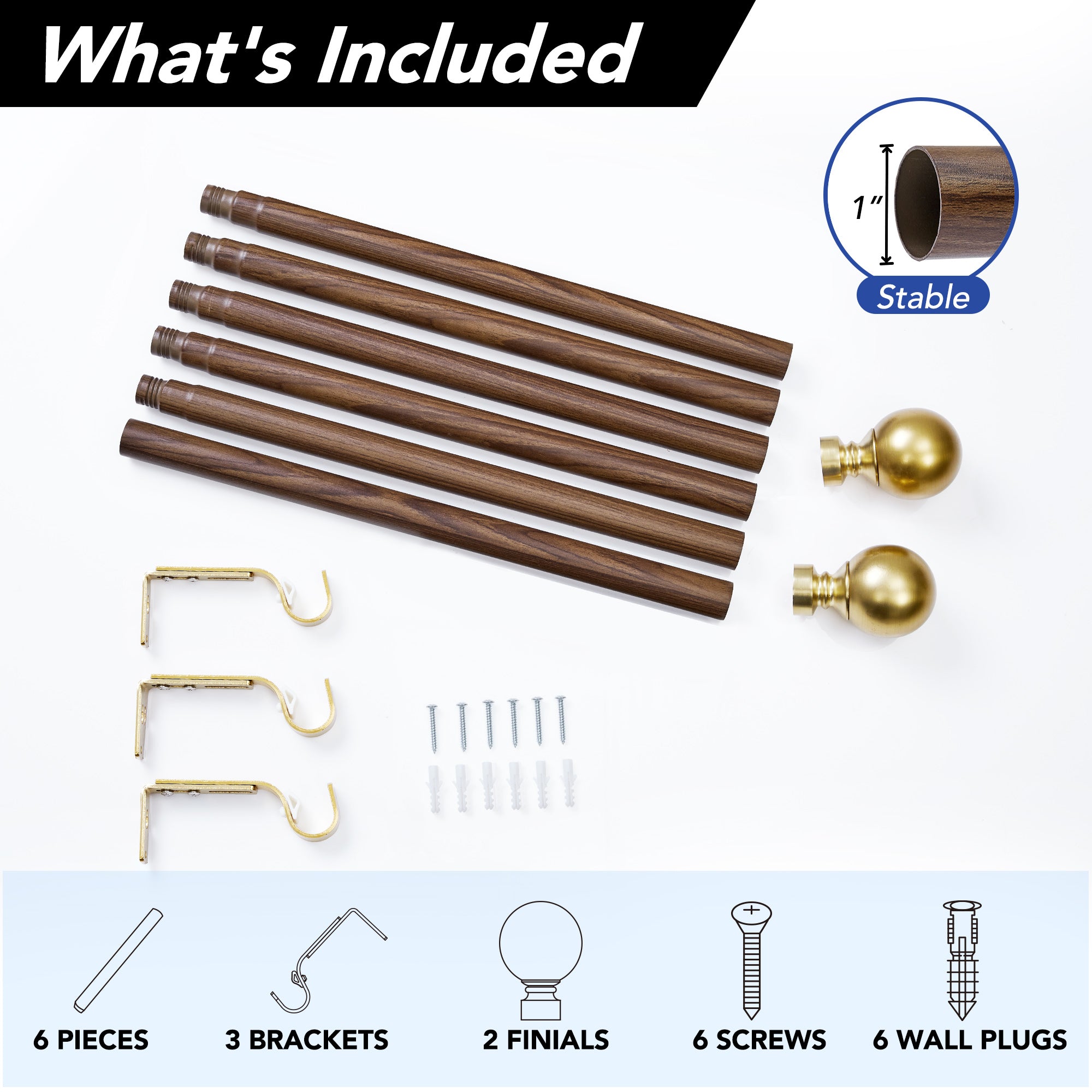 Deconovo 1-Inch Adjustable Curtain Rod with Modern Ball Finials – Includes Mounting Hardware