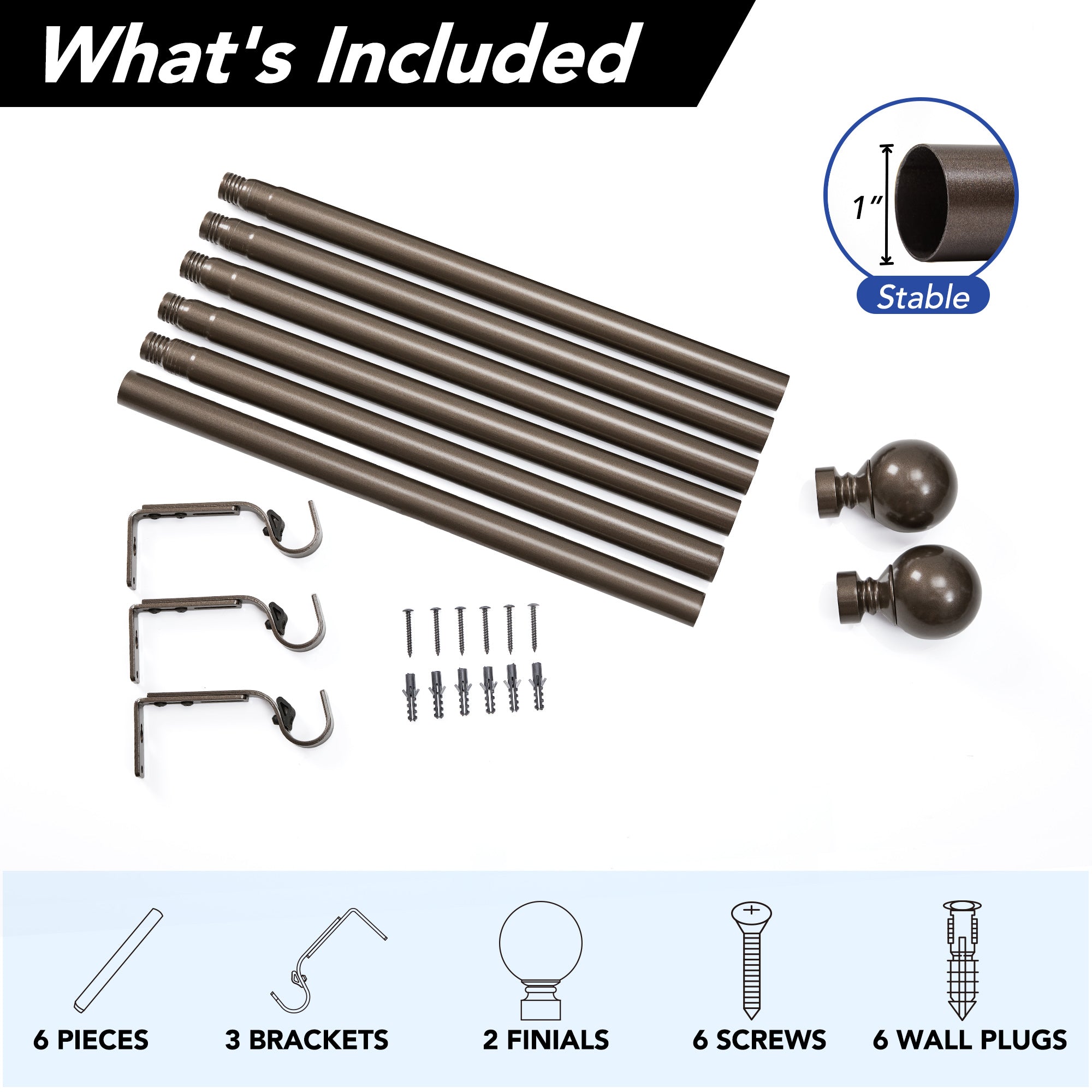 Deconovo 1-Inch Adjustable Curtain Rod with Modern Ball Finials – Includes Mounting Hardware