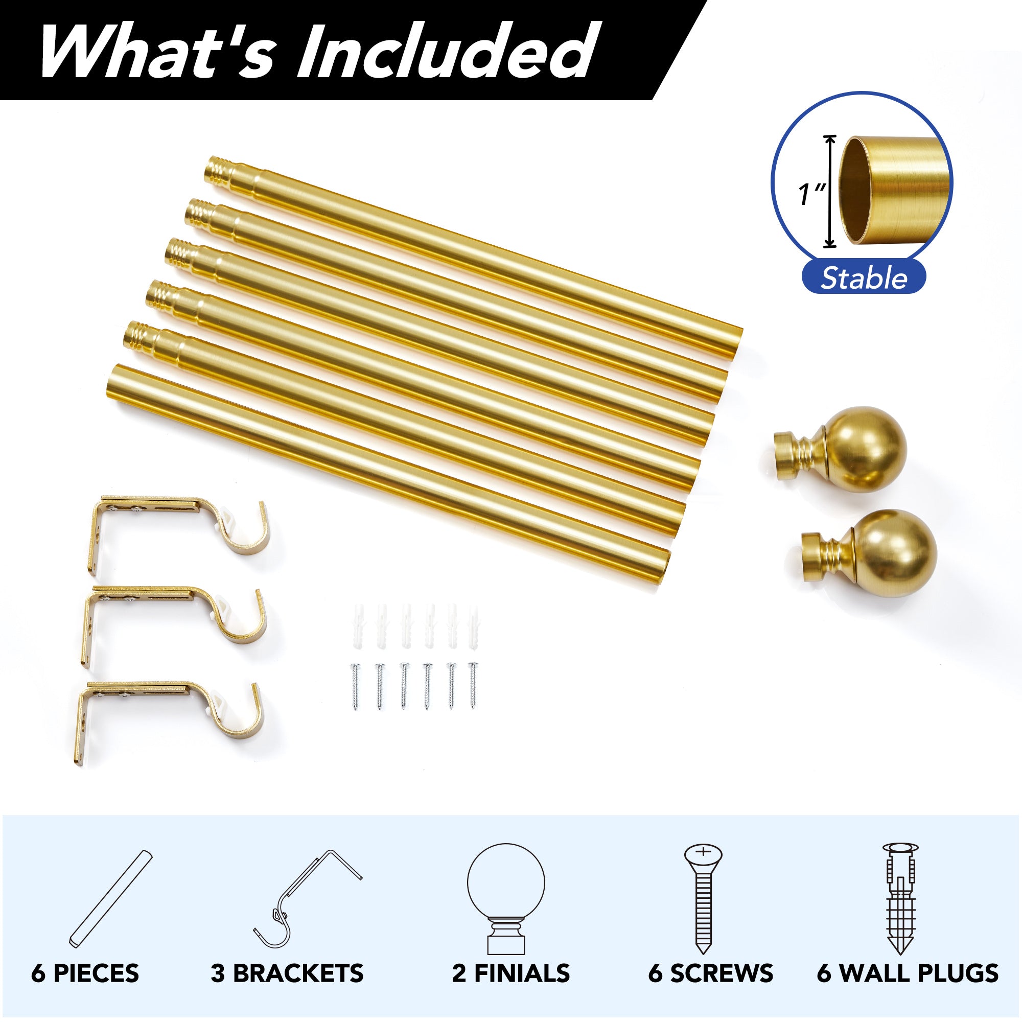 Deconovo 1-Inch Adjustable Curtain Rod with Modern Ball Finials – Includes Mounting Hardware
