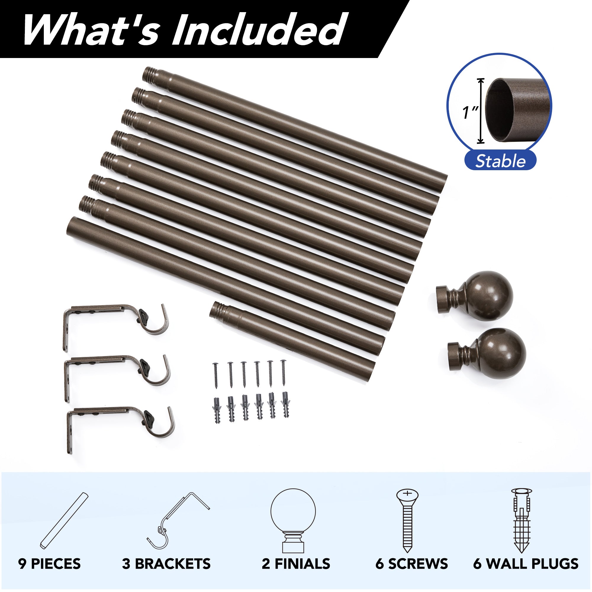 Deconovo 1-Inch Adjustable Curtain Rod with Modern Ball Finials – Includes Mounting Hardware