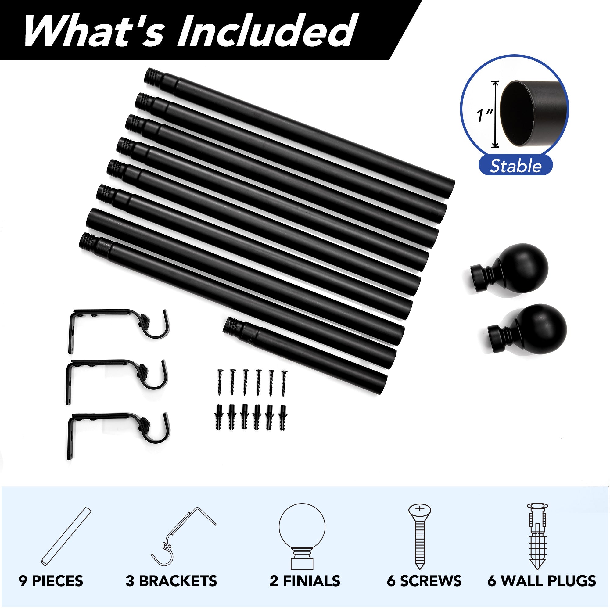 Deconovo 1-Inch Adjustable Curtain Rod with Modern Ball Finials – Includes Mounting Hardware