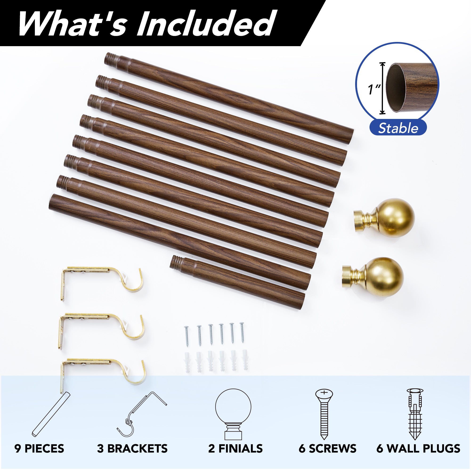 Deconovo 1-Inch Adjustable Curtain Rod with Modern Ball Finials – Includes Mounting Hardware