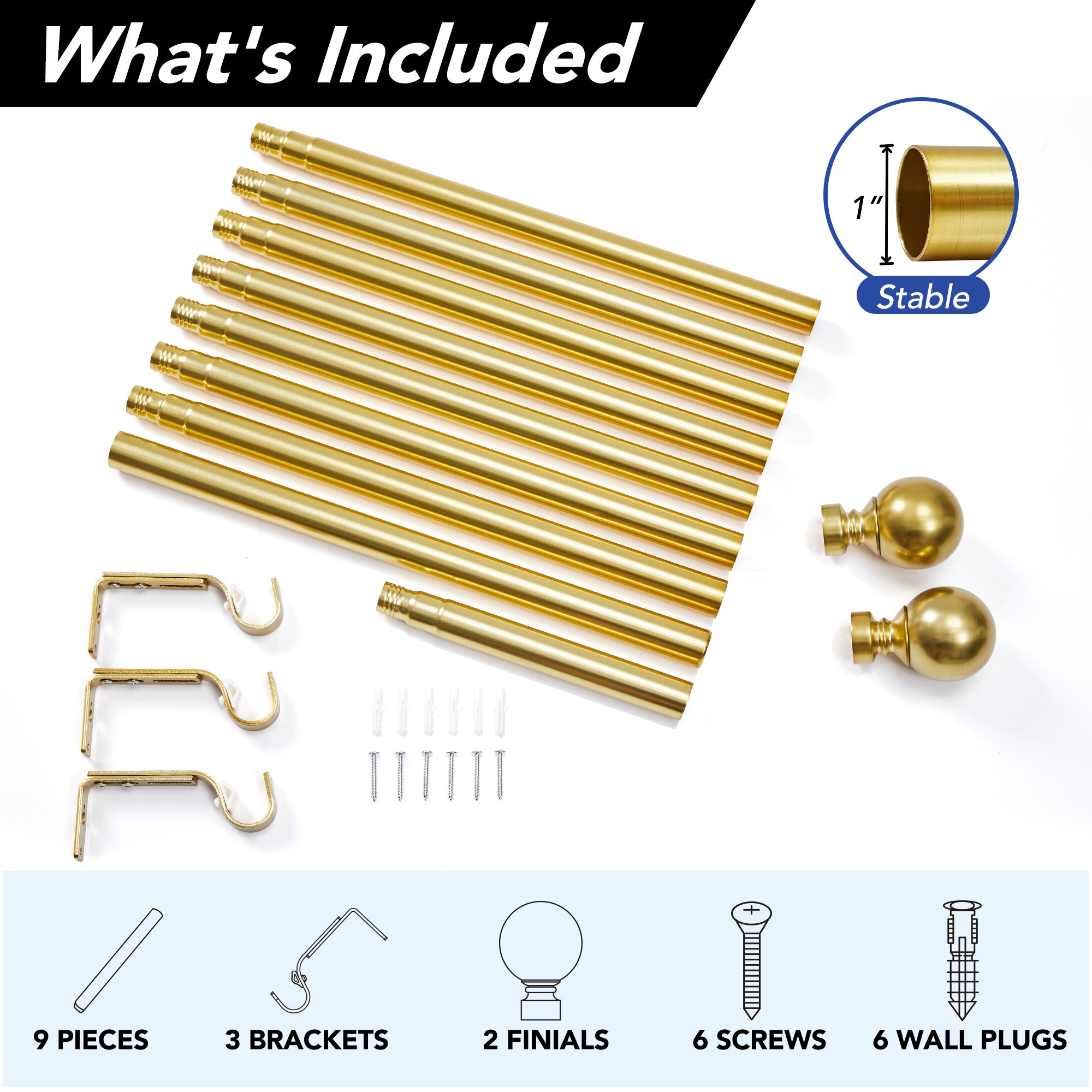 Deconovo 1-Inch Adjustable Curtain Rod with Modern Ball Finials – Includes Mounting Hardware