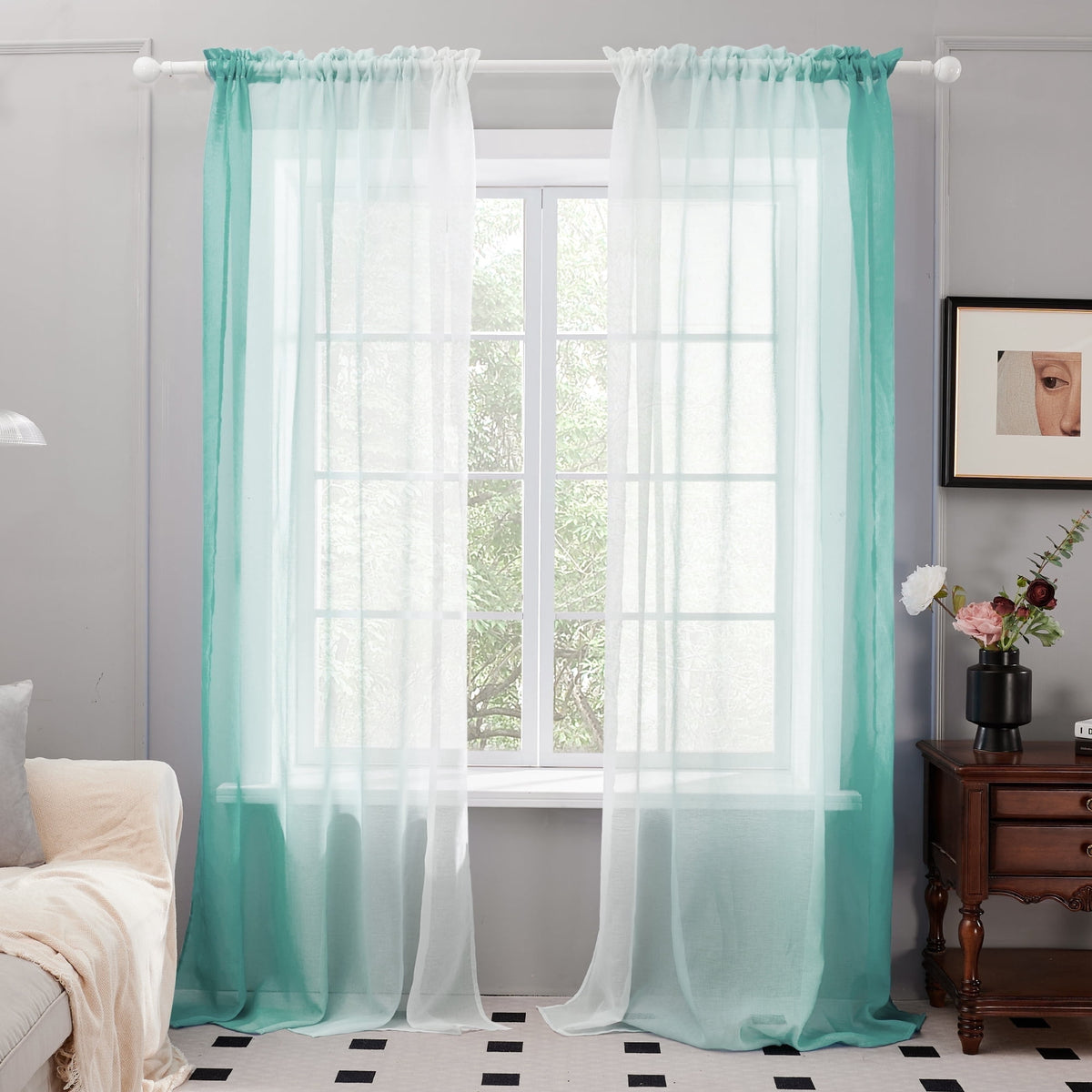 Deconovo Ombre Semi Sheer Rod Pocket Curtains, 2 Panels - Symmetrical-light Blue, 52 x 84