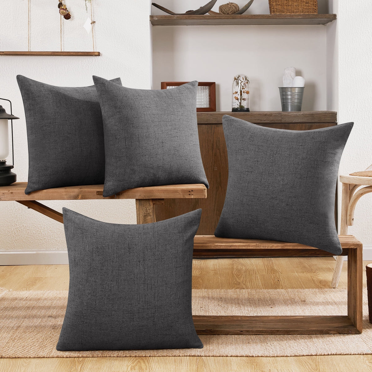 Deconovo Faux Linen Throw Pillow Covers, 4 Pack - Dark Gray, 26 x 26, Coarse Fau x Linen