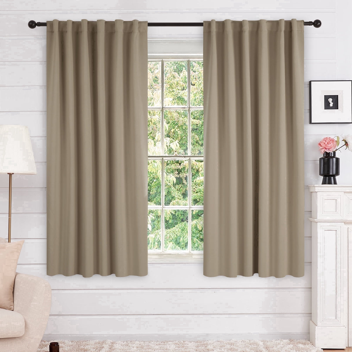 Deconovo Solid Blackout Back Tab and Rod Pocket Curtains, 2 Panels - Khaki, 52 x 63