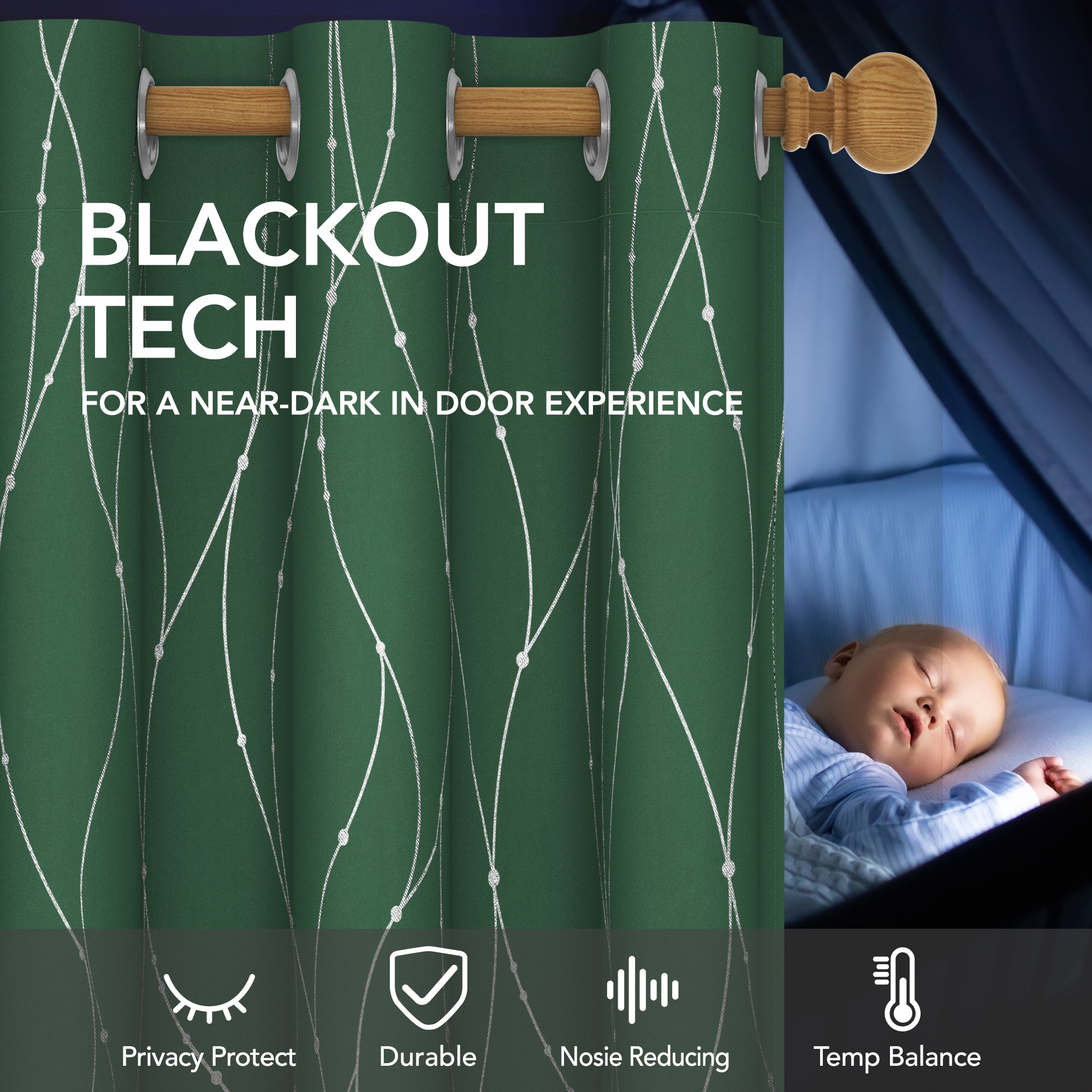 Deconovo Wave Line with Dots Blackout Curtains, 42-Inch Wide, 2 Panels