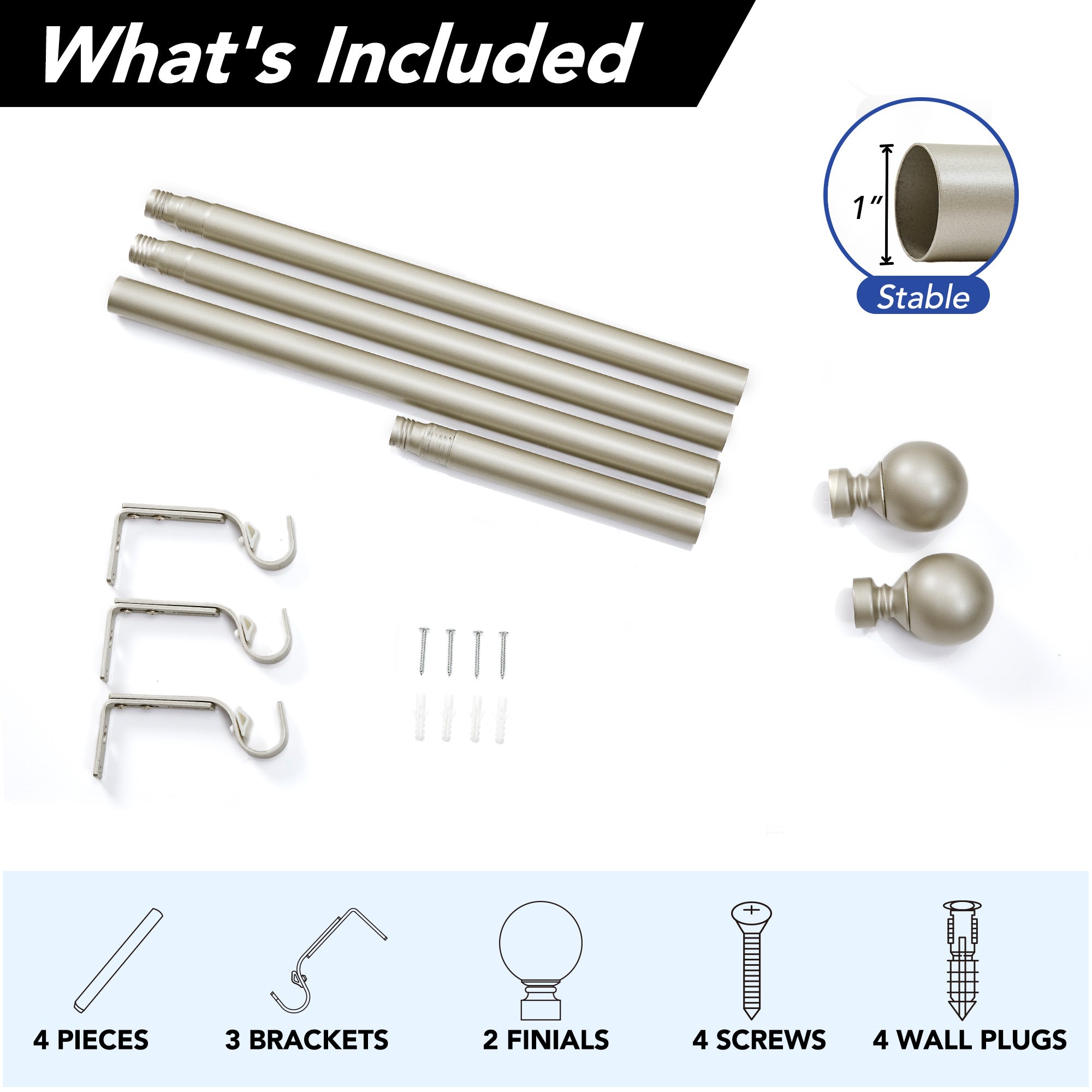 Deconovo 1-Inch Adjustable Curtain Rod with Modern Ball Finials – Includes Mounting Hardware