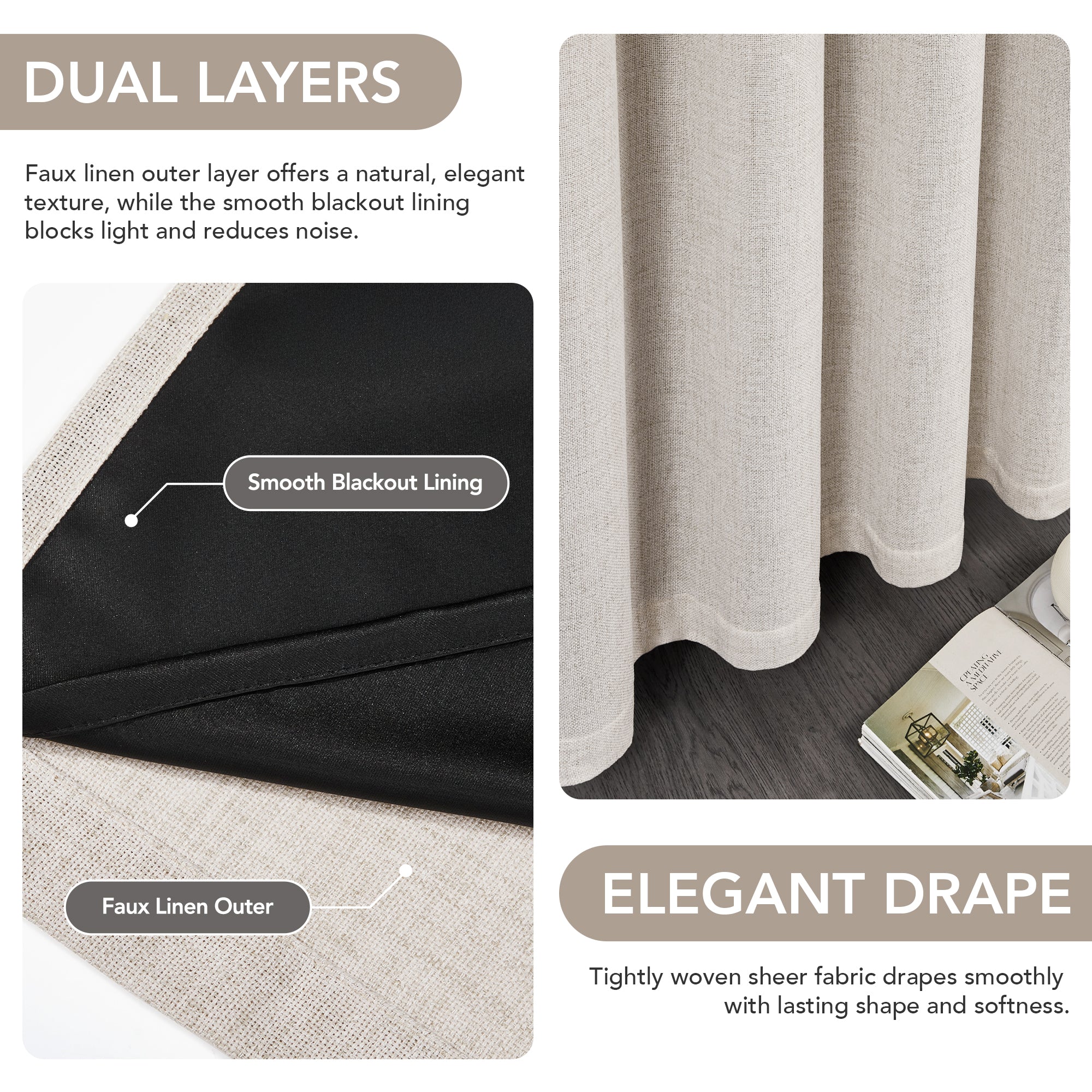 Deconovo Soft Faux Linen Layered Window Curtain Panels with Grommet Top for Bedroom and Living Room, 2 Pack