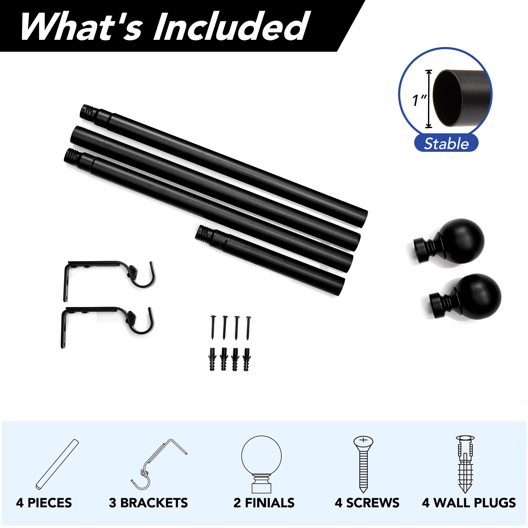 Deconovo 1-Inch Adjustable Curtain Rod with Modern Ball Finials – Includes Mounting Hardware