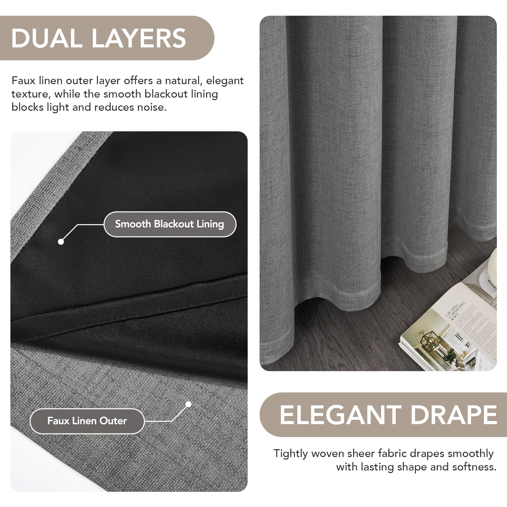 Deconovo Soft Faux Linen Layered Window Curtain Panels with Grommet Top for Bedroom and Living Room, 2 Pack