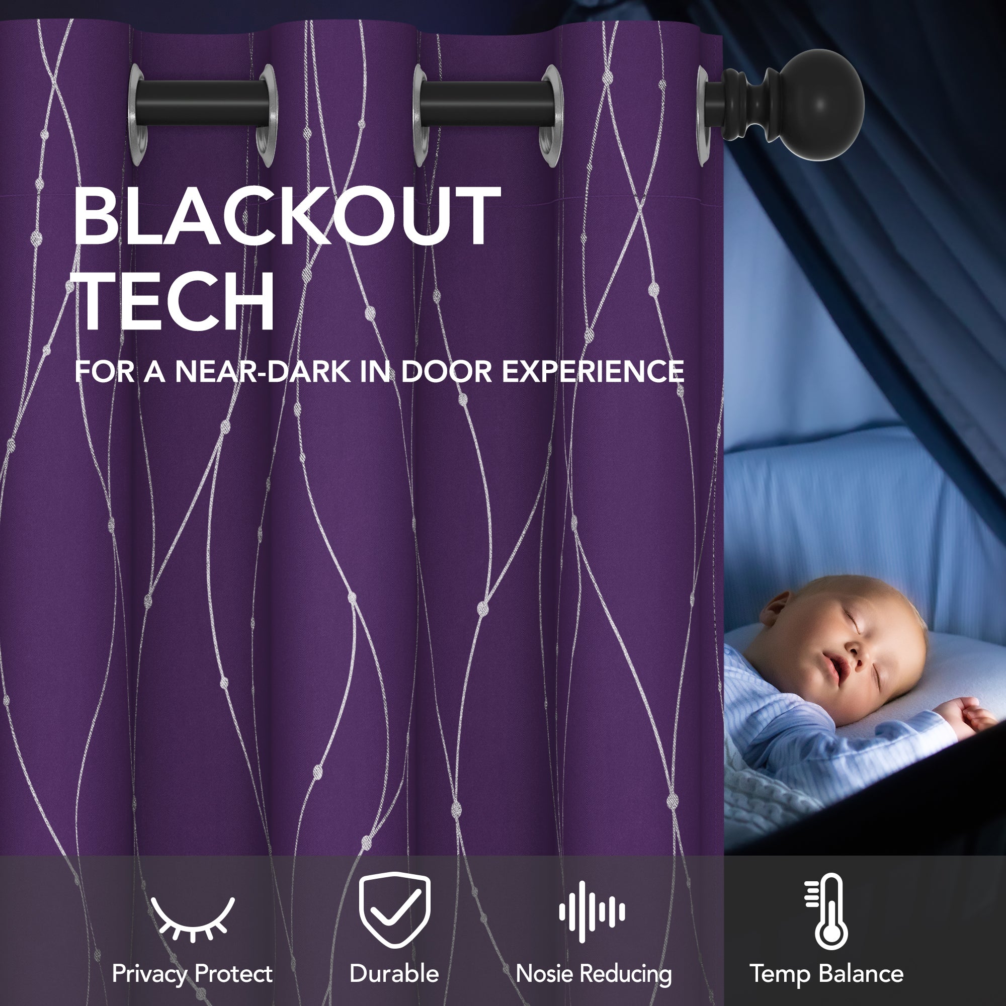 Deconovo Wave Line with Dots Blackout Curtains, 42-Inch Wide, 2 Panels