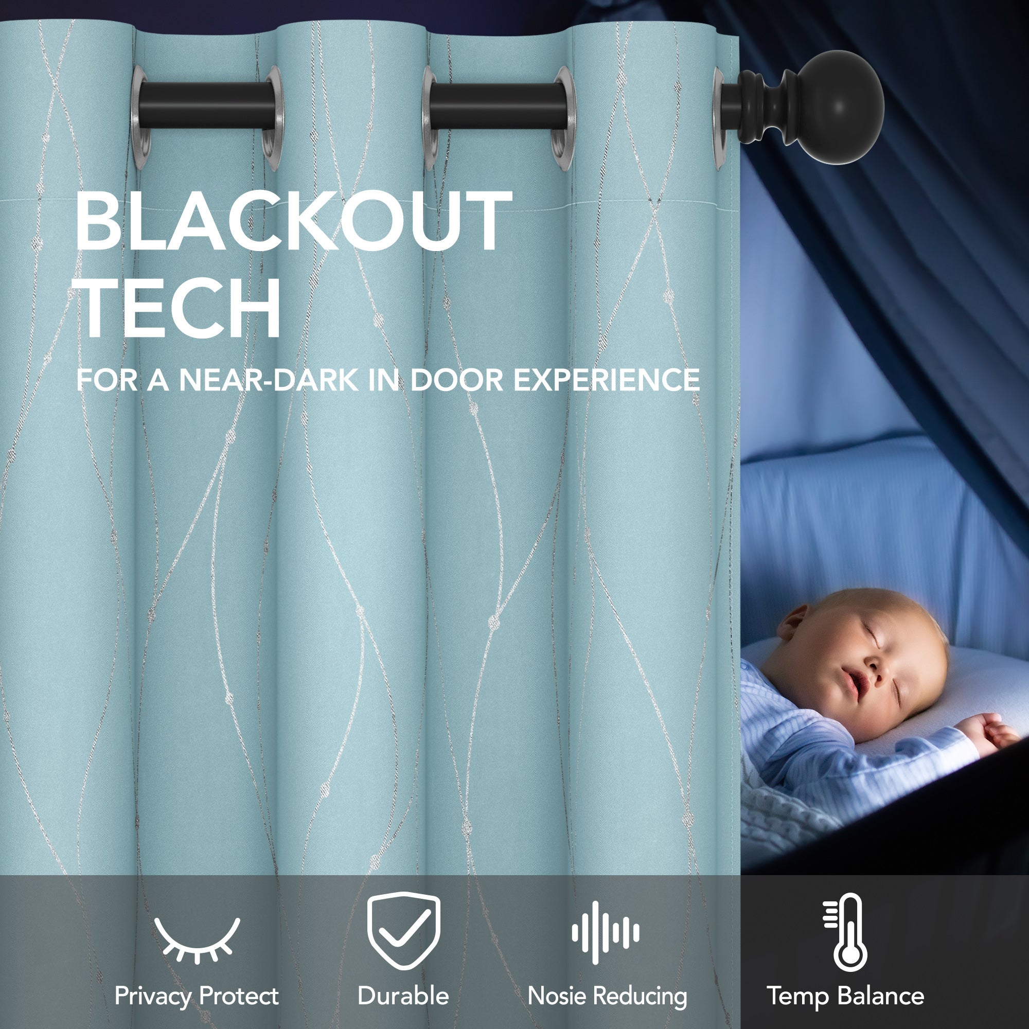 Deconovo Wave Line with Dots Blackout Curtains, 42-Inch Wide, 2 Panels