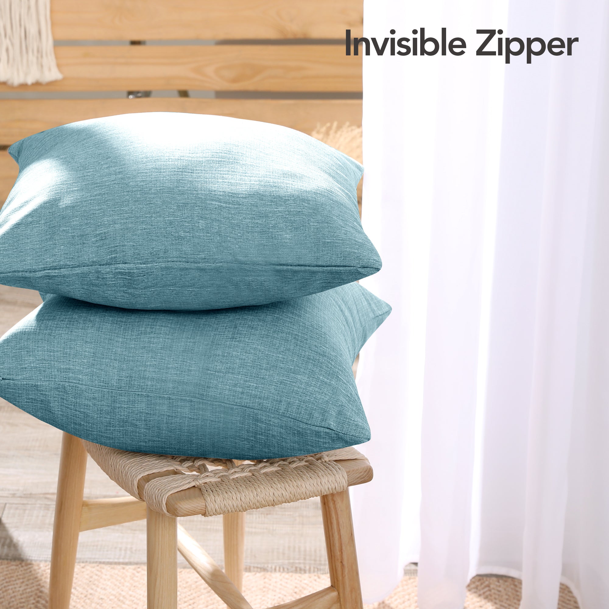 Deconovo Faux Linen Cushion Covers, Set of 2, Light Blue ¨C Eco-Friendly, Machine Washable, Decorative Pillow Covers for Sofa