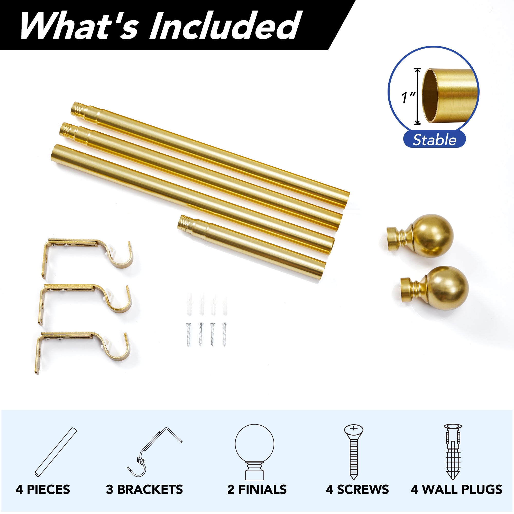 Deconovo 1-Inch Adjustable Curtain Rod with Modern Ball Finials – Includes Mounting Hardware