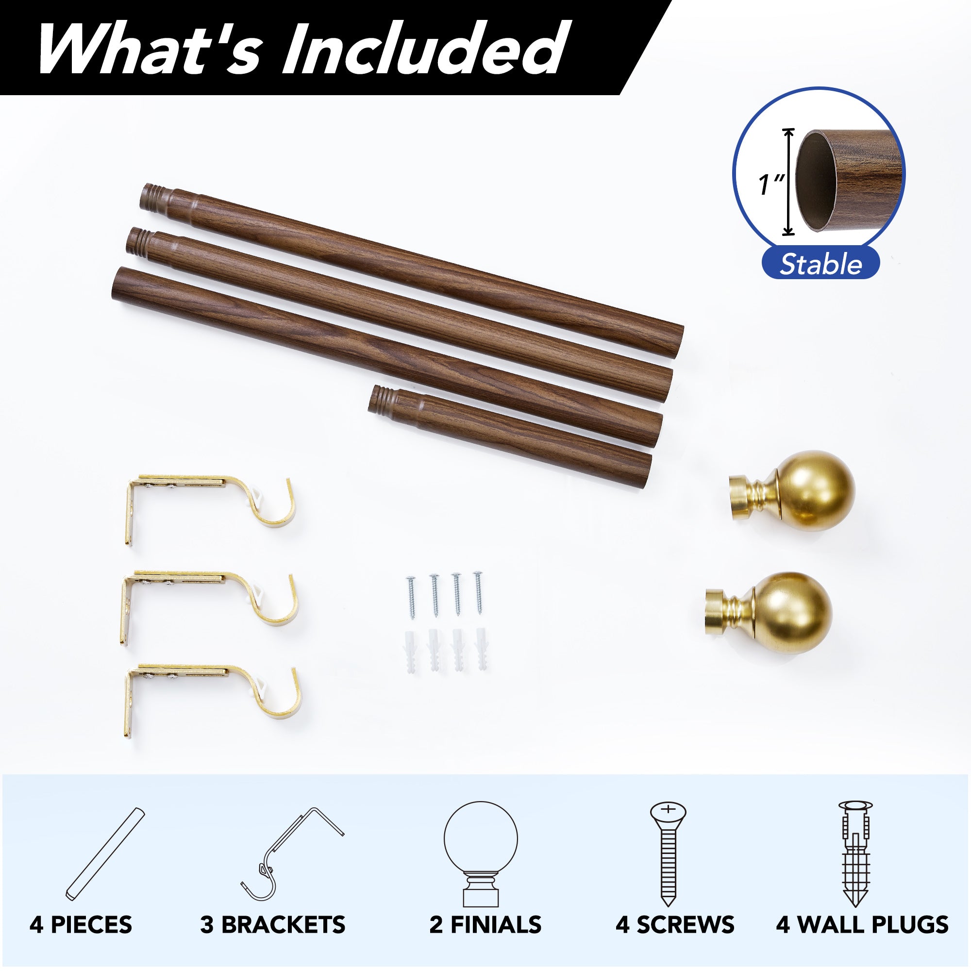 Deconovo 1-Inch Adjustable Curtain Rod with Modern Ball Finials – Includes Mounting Hardware