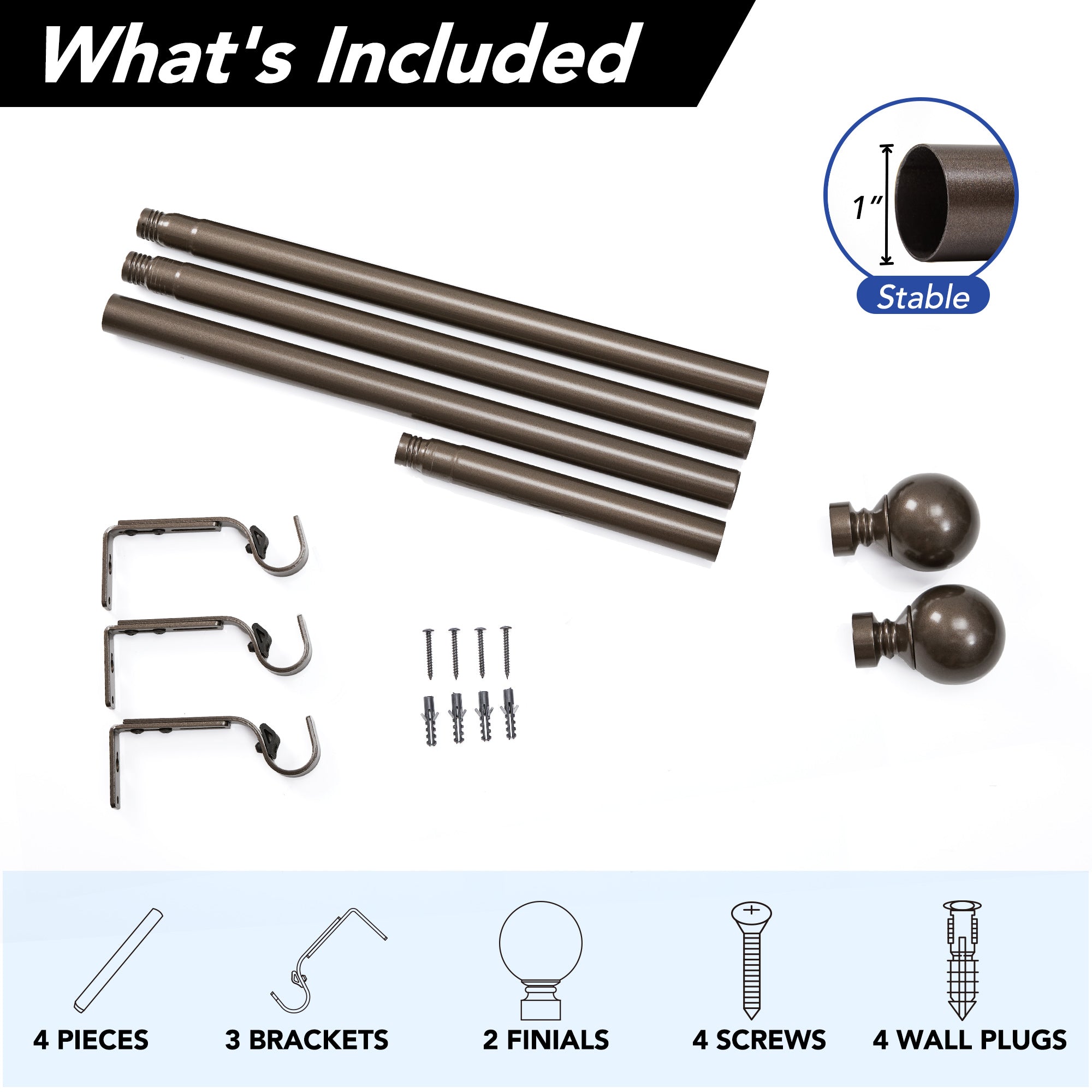 Deconovo 1-Inch Adjustable Curtain Rod with Modern Ball Finials – Includes Mounting Hardware