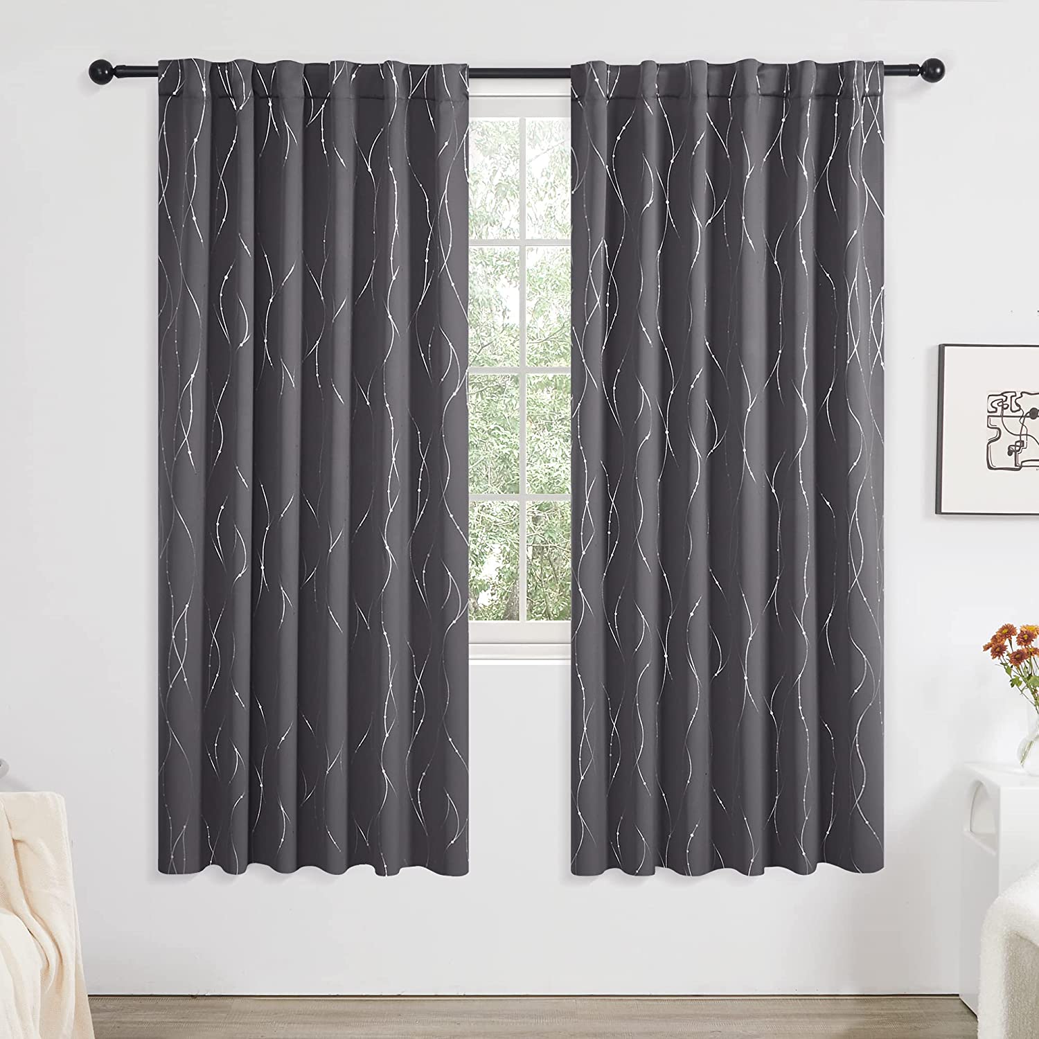 Deconovo Back Tab Silver Lines with Dots Curtain Panel Pairs(2 Panel)