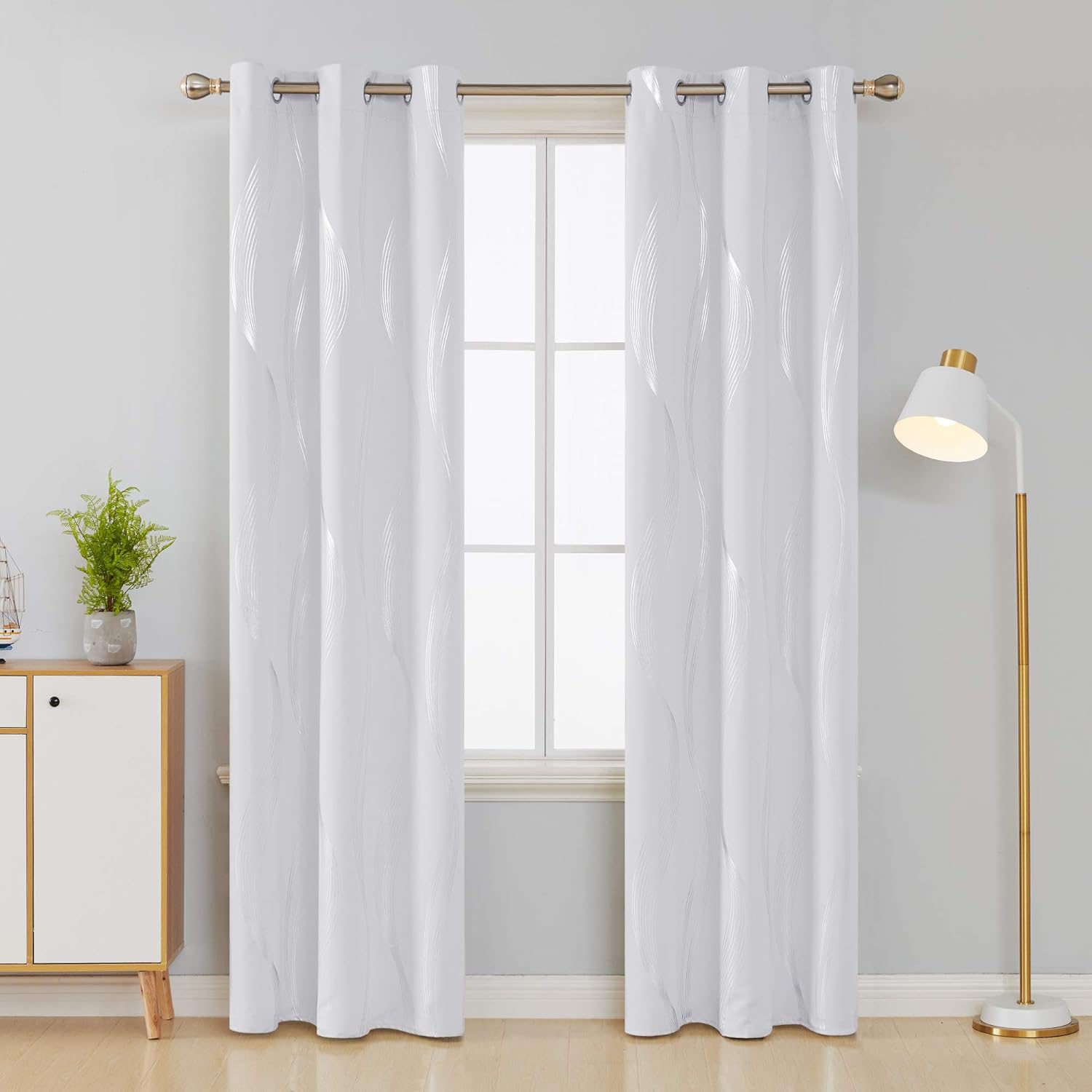 Deconovo Foil-Accented Wave Design Thermal Room Darkening Grommet Curtain Panels, Set of 2