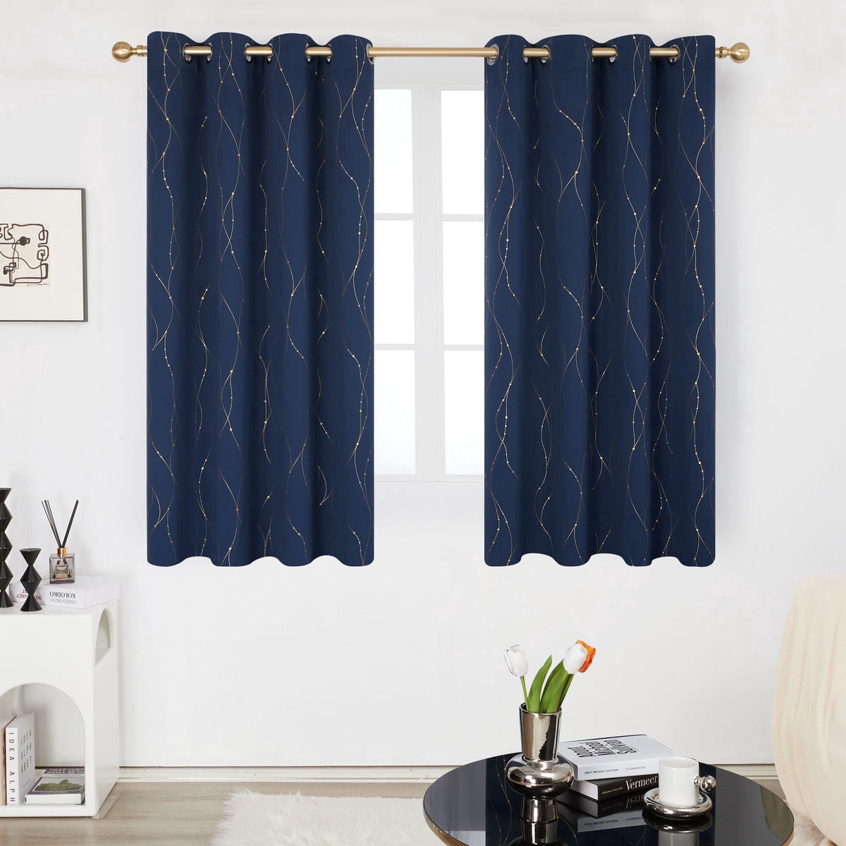 Deconovo Gold Wave Line and Dots Print Grommet Blackout Curtains, 2 Panels - Navy Blue, 52 x 45