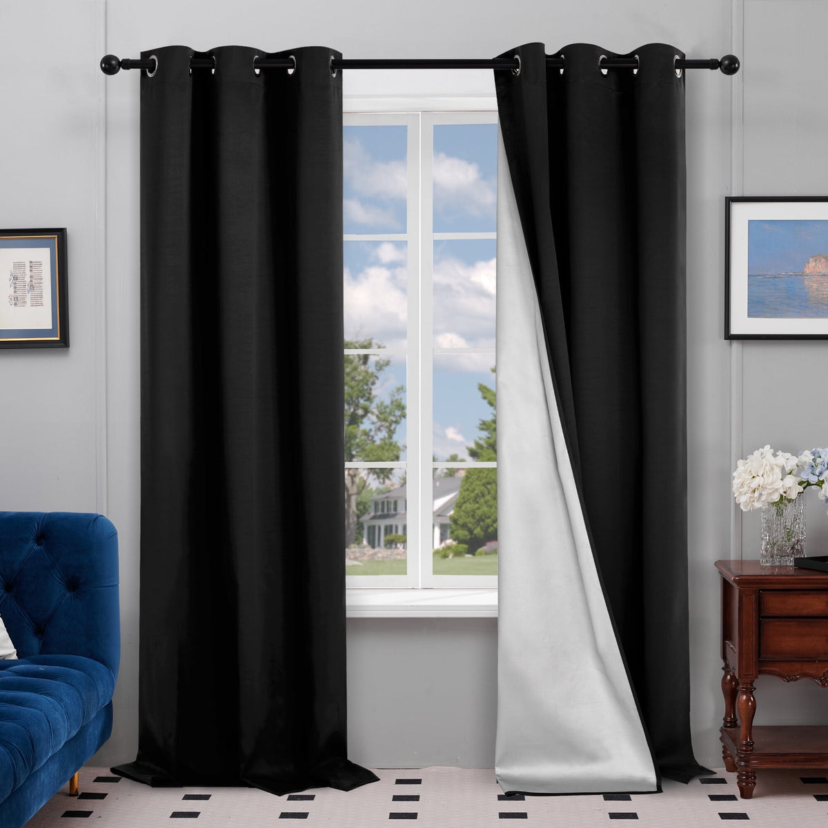 Deconovo Silver Back Coating Grommet Blackout Curtains, 2 Panels - Black, 42 x 84