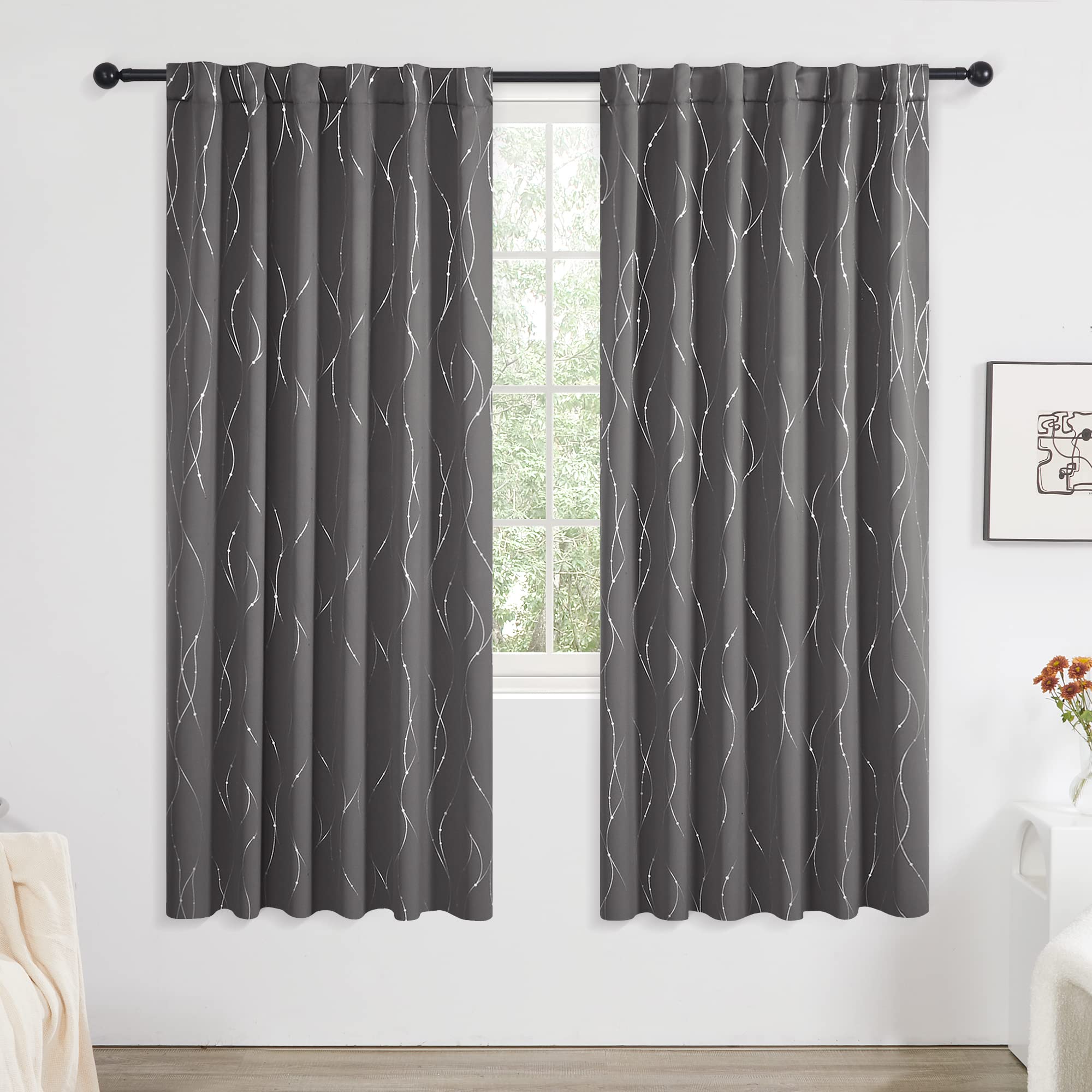 Deconovo Back Tab Silver Lines with Dots Curtain Panel Pairs(2 Panel)