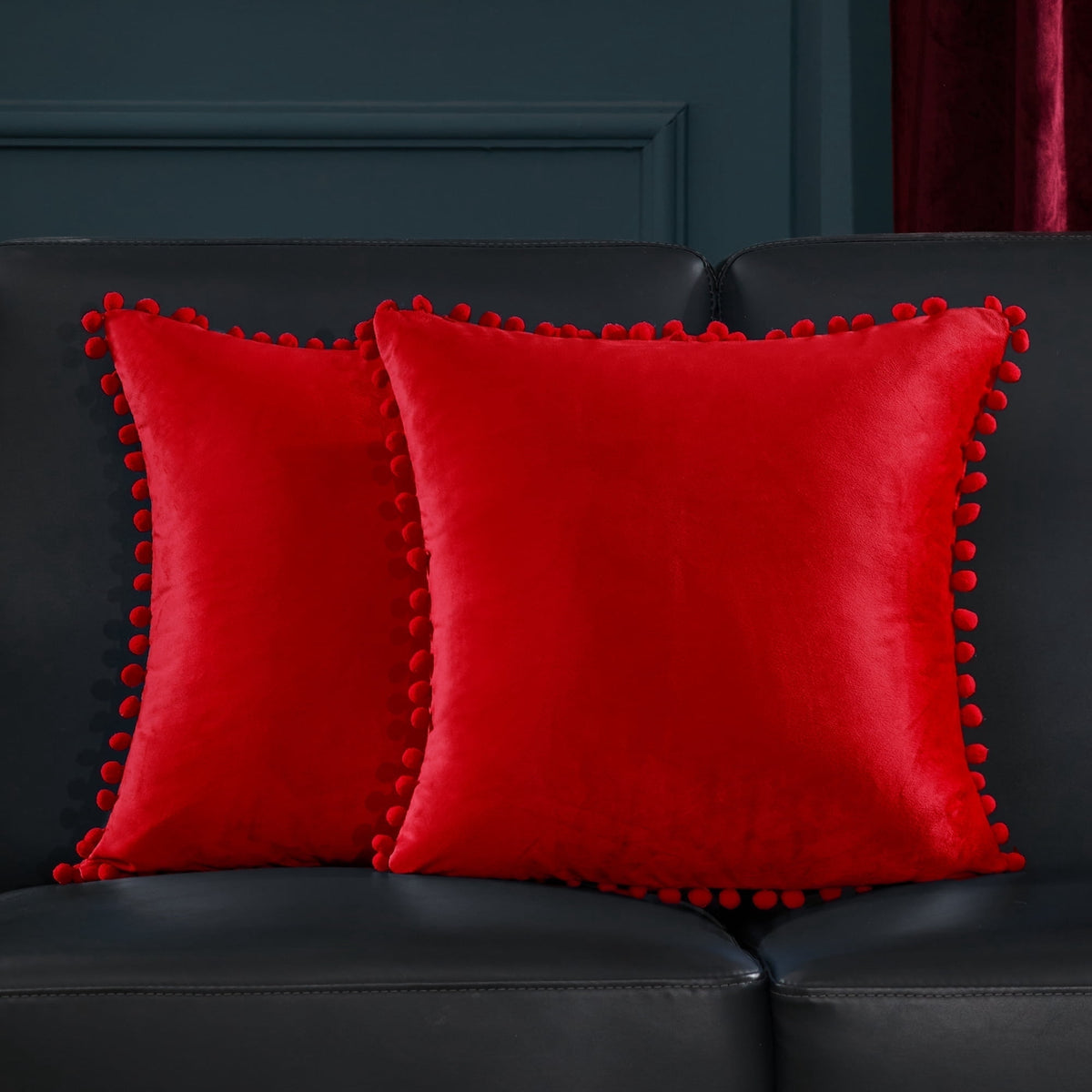 Deconovo Velvet Pom Pom Throw Pillow Covers, 2 Pack - Red, 18 x 18