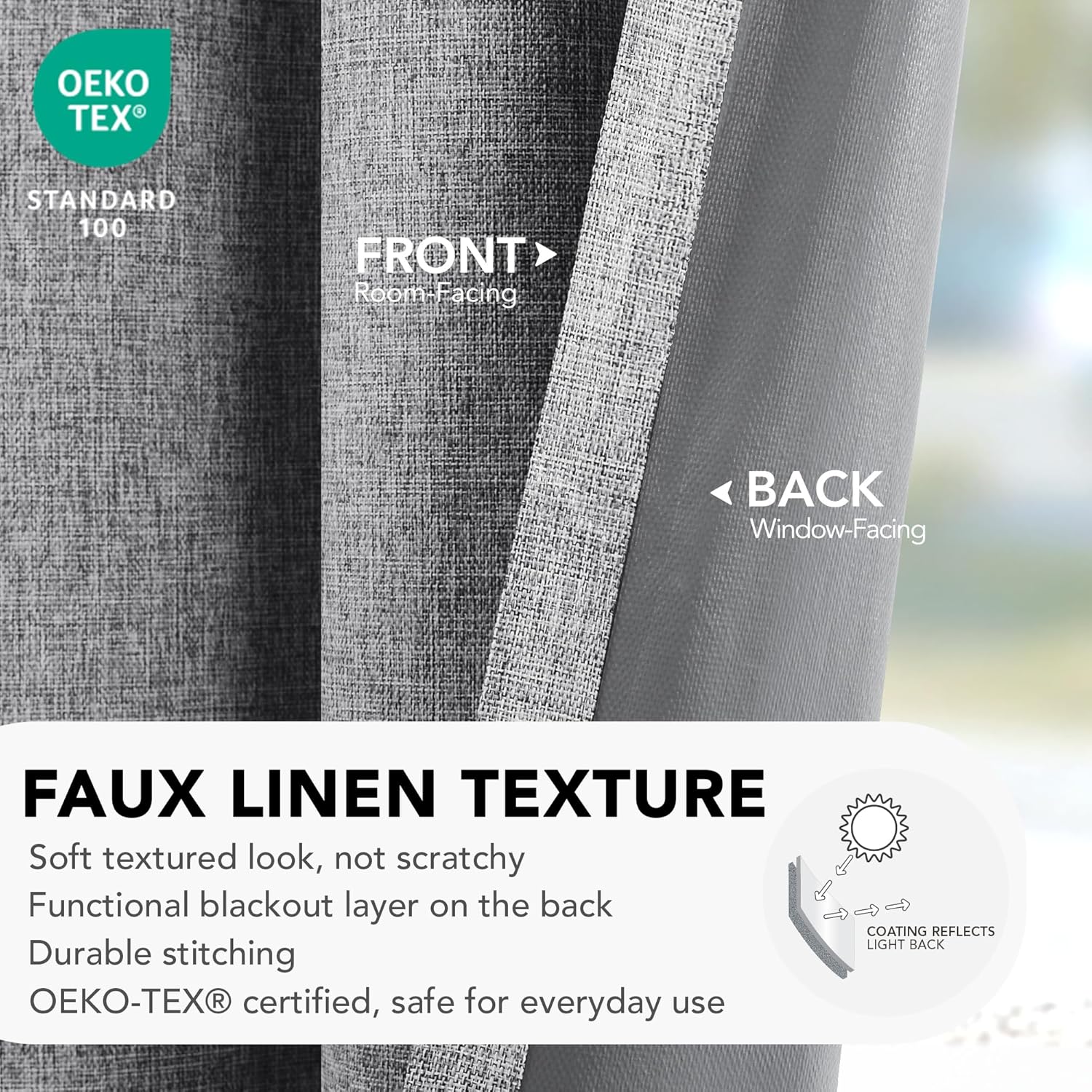 Deconovo 100% Blackout Faux Linen Curtains with TPU Thermal Insulated Backing, Bedroom Window Panels, 2 Count