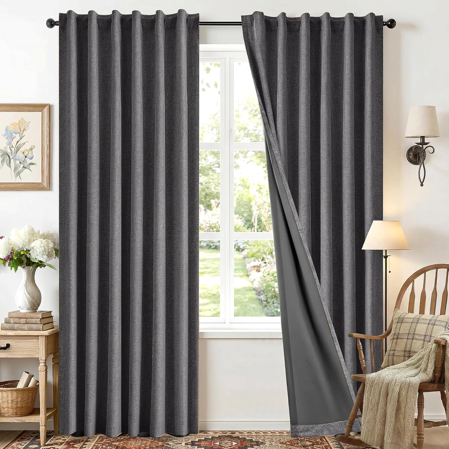 Deconovo 100% Blackout Faux Linen Curtains with TPU Thermal Insulated Backing, Bedroom Window Panels, 2 Count
