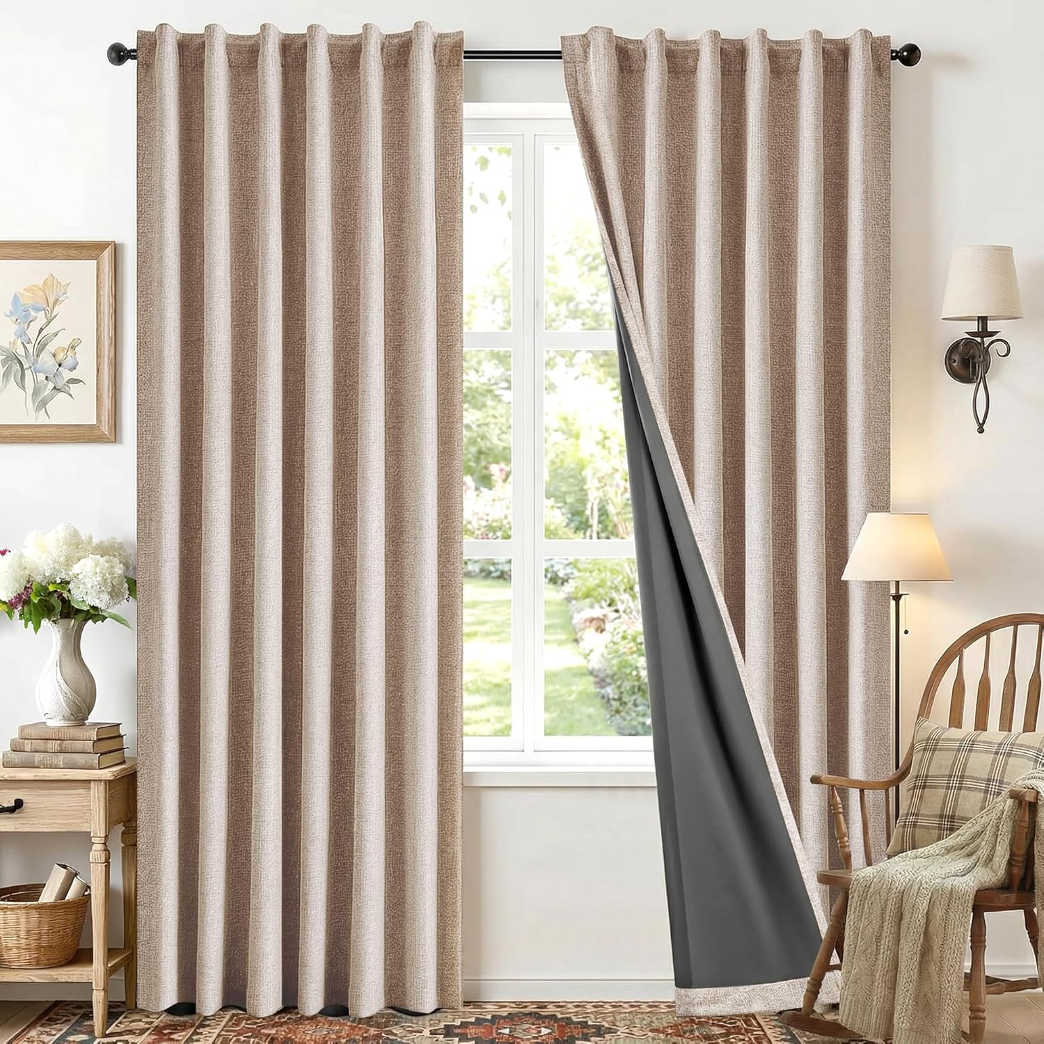 Deconovo 100% Blackout Faux Linen Curtains with TPU Thermal Insulated Backing, Bedroom Window Panels, 2 Count