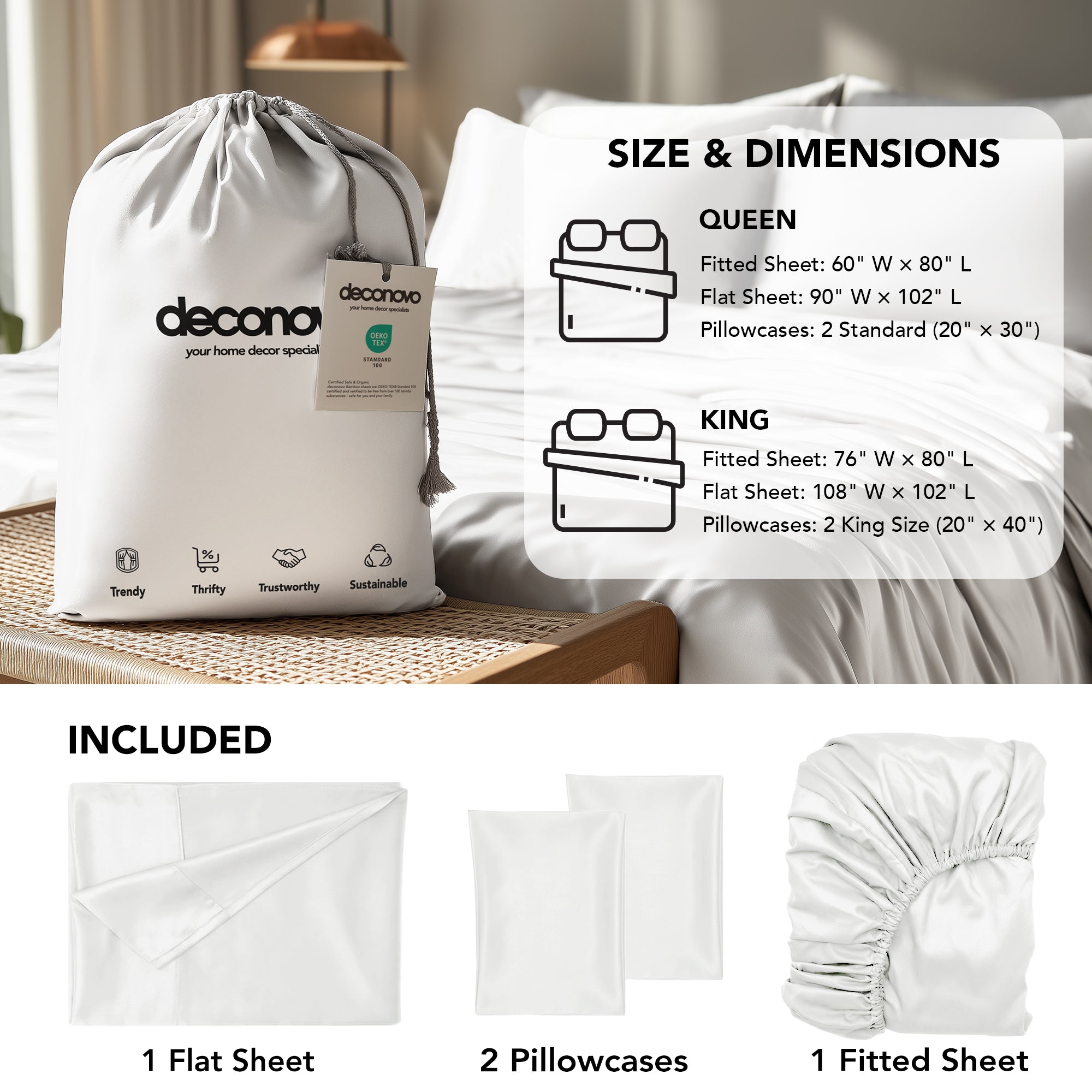 Deconovo Bamboo Viscose Satin Sheet Set, Breathable Cooling Bedding with Fitted Sheet and Pillowcases