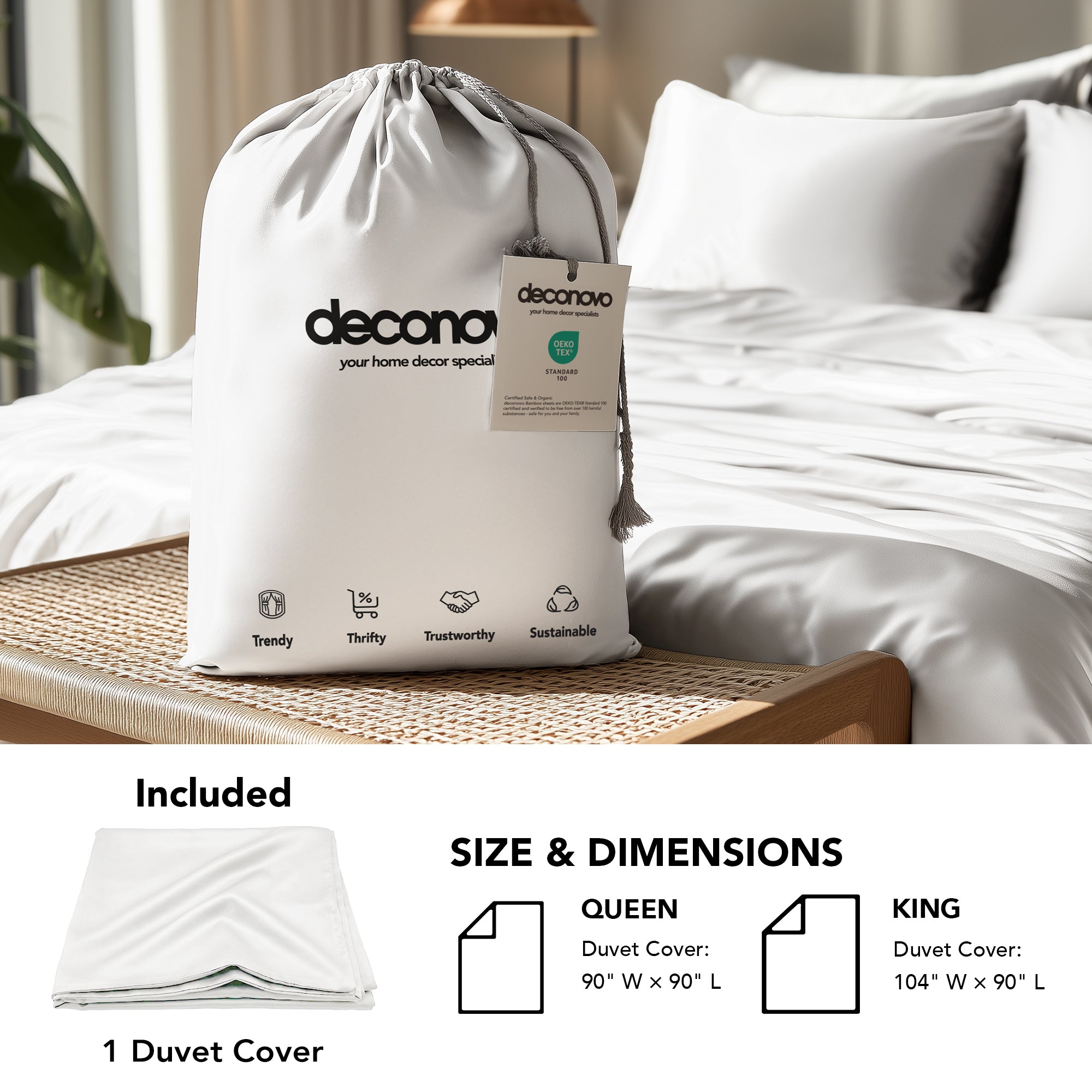 Deconovo Bamboo Viscose Satin Duvet Cover, Breathable Cooling Bedding with Corner Ties, OEKO-TEX Certified