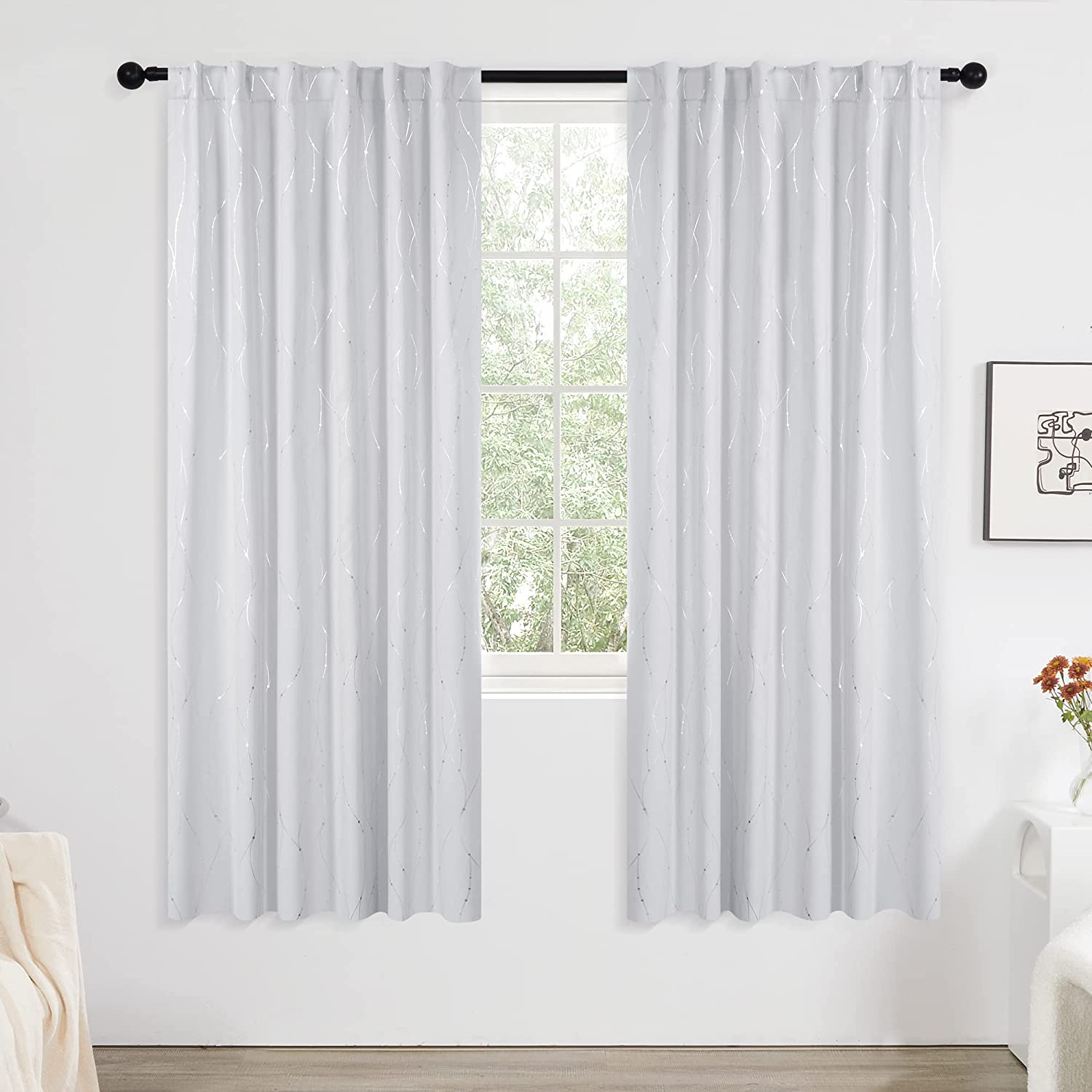 Deconovo Back Tab Silver Lines with Dots Curtain Panel Pairs(2 Panel)