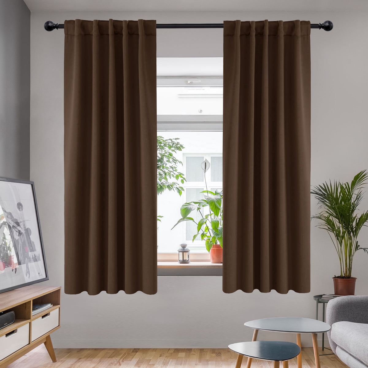 Deconovo Solid Blackout Back Tab and Rod Pocket Curtains, 2 Panels - Brown, 42 x 63