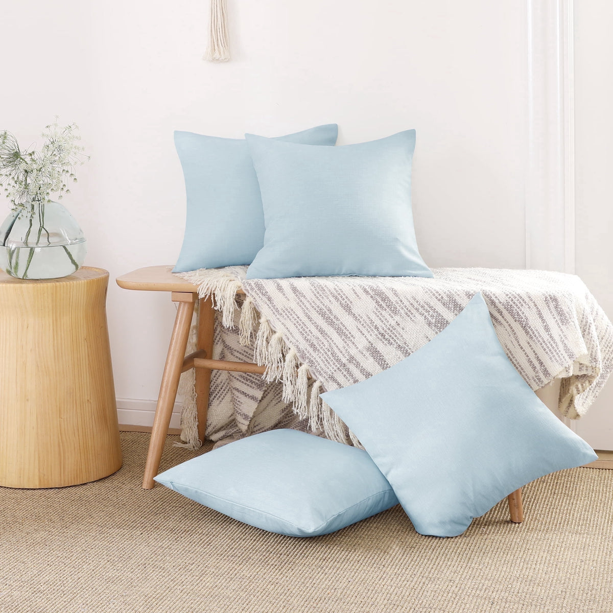 Deconovo Faux Linen Throw Pillow Covers, 4 Pack - Light Blue, 24 x 24, Fine Fau x Linen