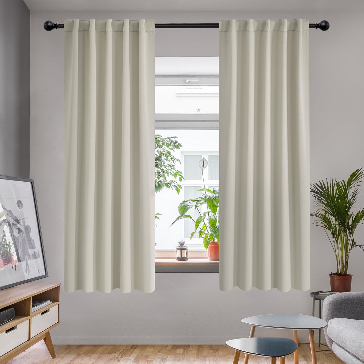 Deconovo Solid Blackout Back Tab and Rod Pocket Curtains, 2 Panels - Light Beige, 42 x 63