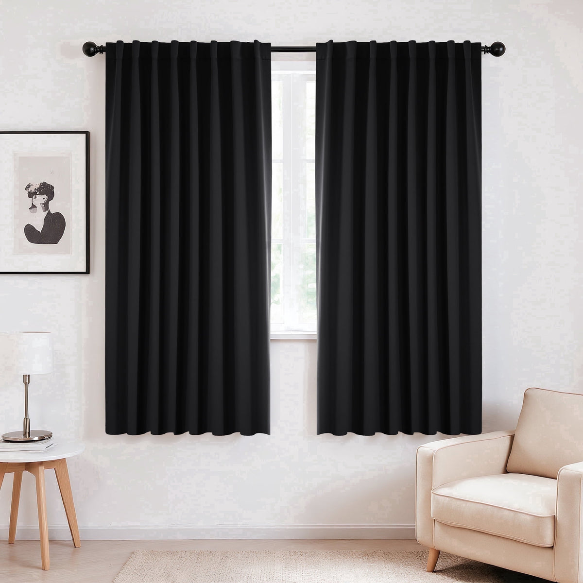 Deconovo Solid Blackout Back Tab and Rod Pocket Curtains, 2 Panels - Black, 70 x 72