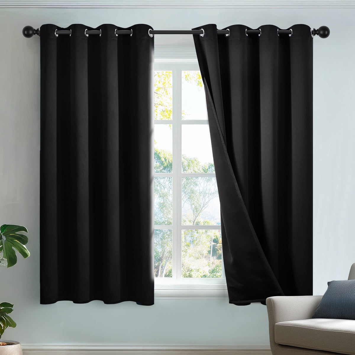 Deconovo Total Blackout Grommet Curtains, 2 Panels - Black, 52 x 63