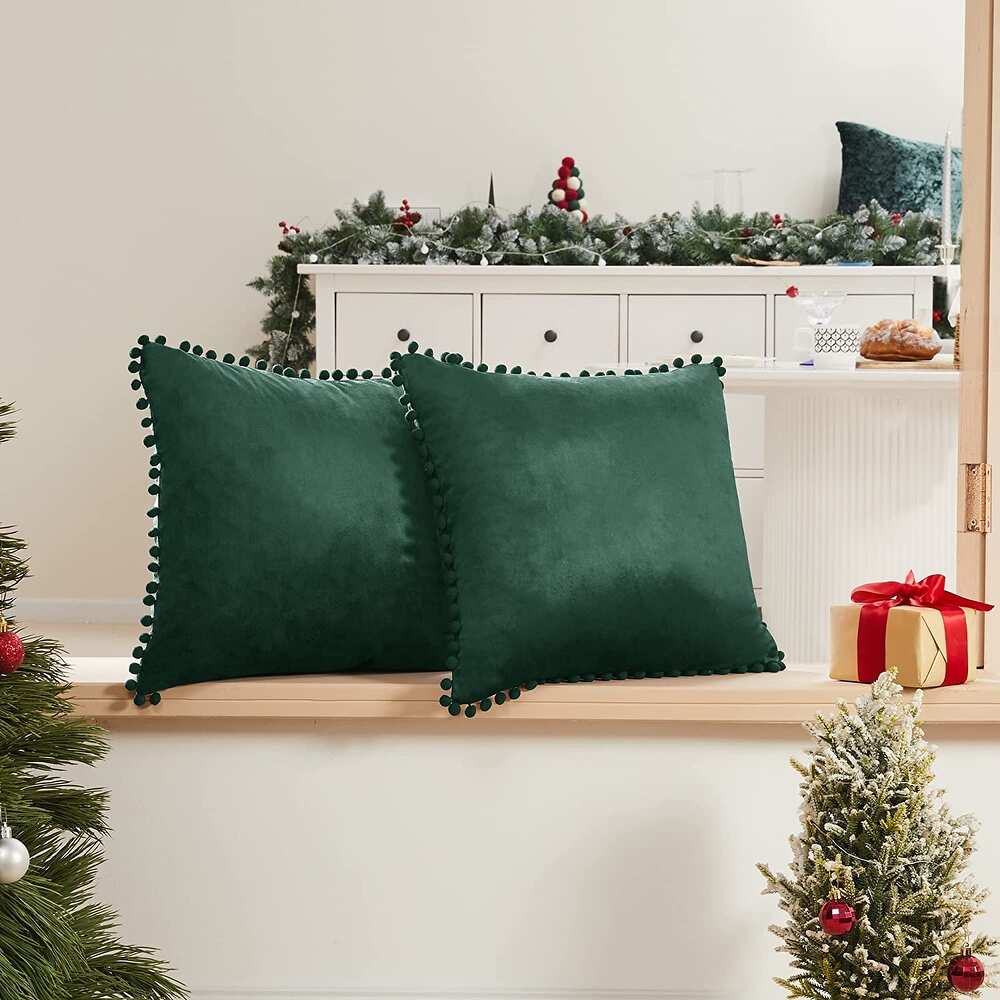 Deconovo Velvet Pom Pom Trim Throw Pillow Cover Set with Hidden Zipper, 2 Pack