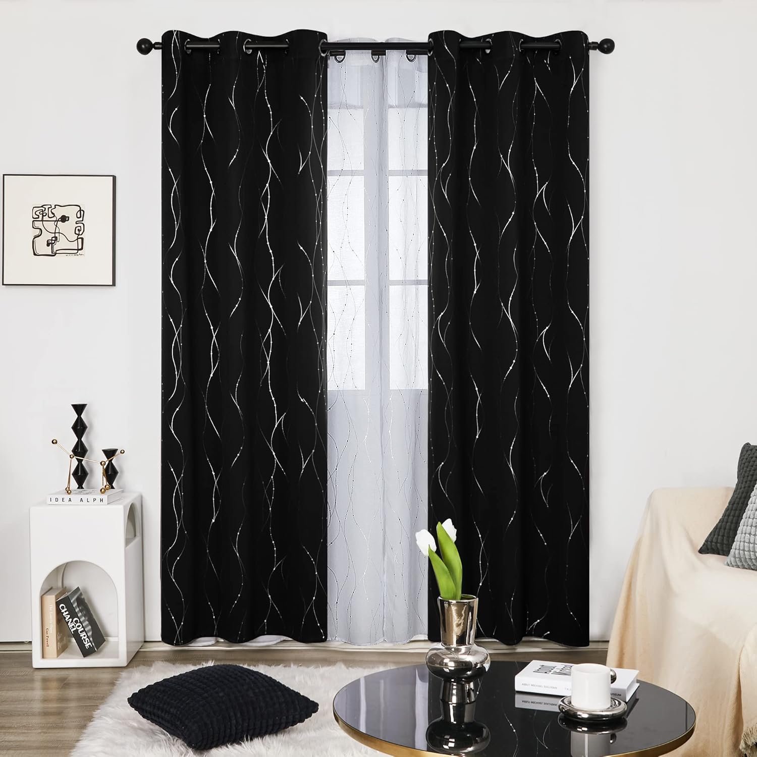Deconovo Metallic Wave Foil Room Darkening Grommet Curtain Panels 2 Count