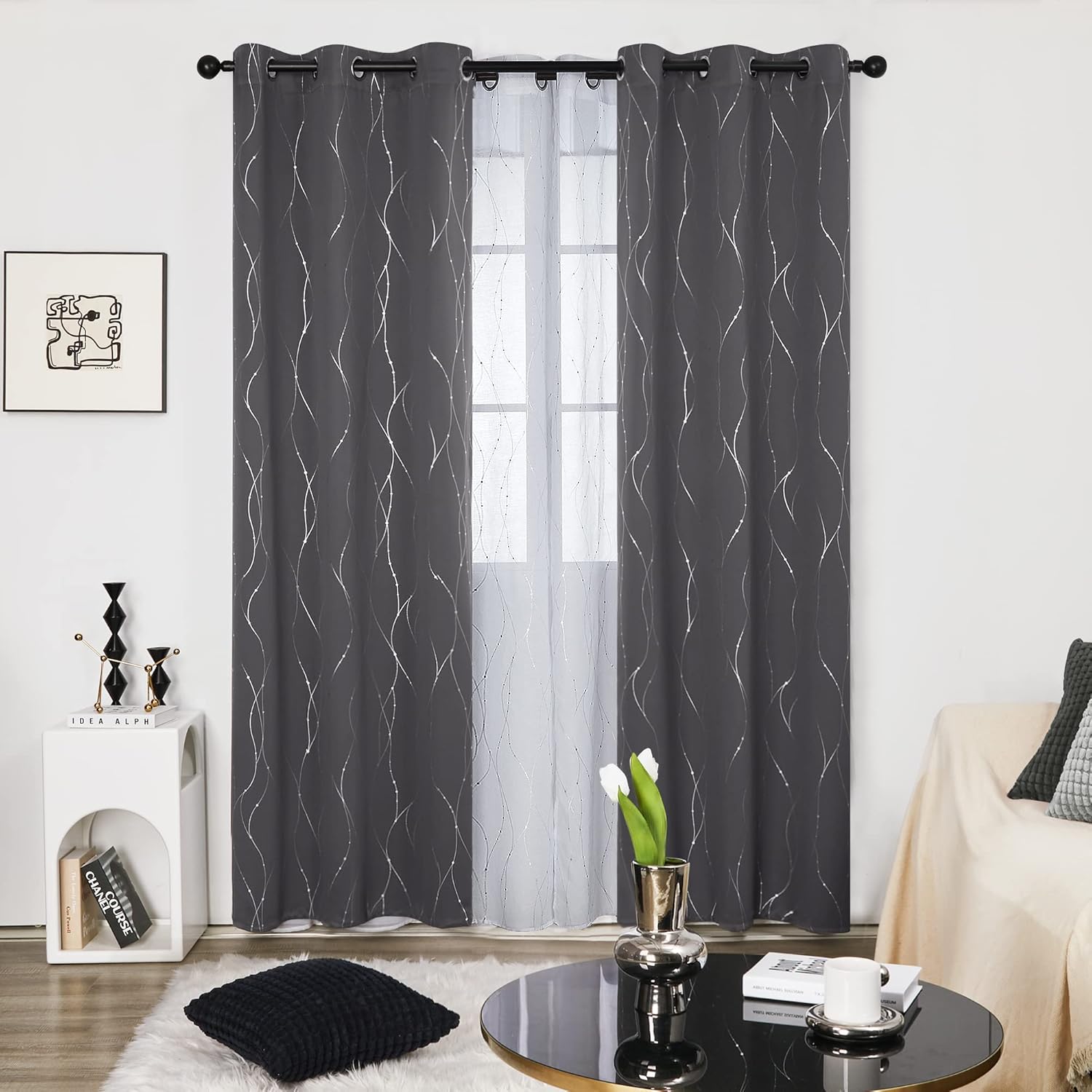Deconovo Metallic Wave Foil Room Darkening Grommet Curtain Panels 2 Count