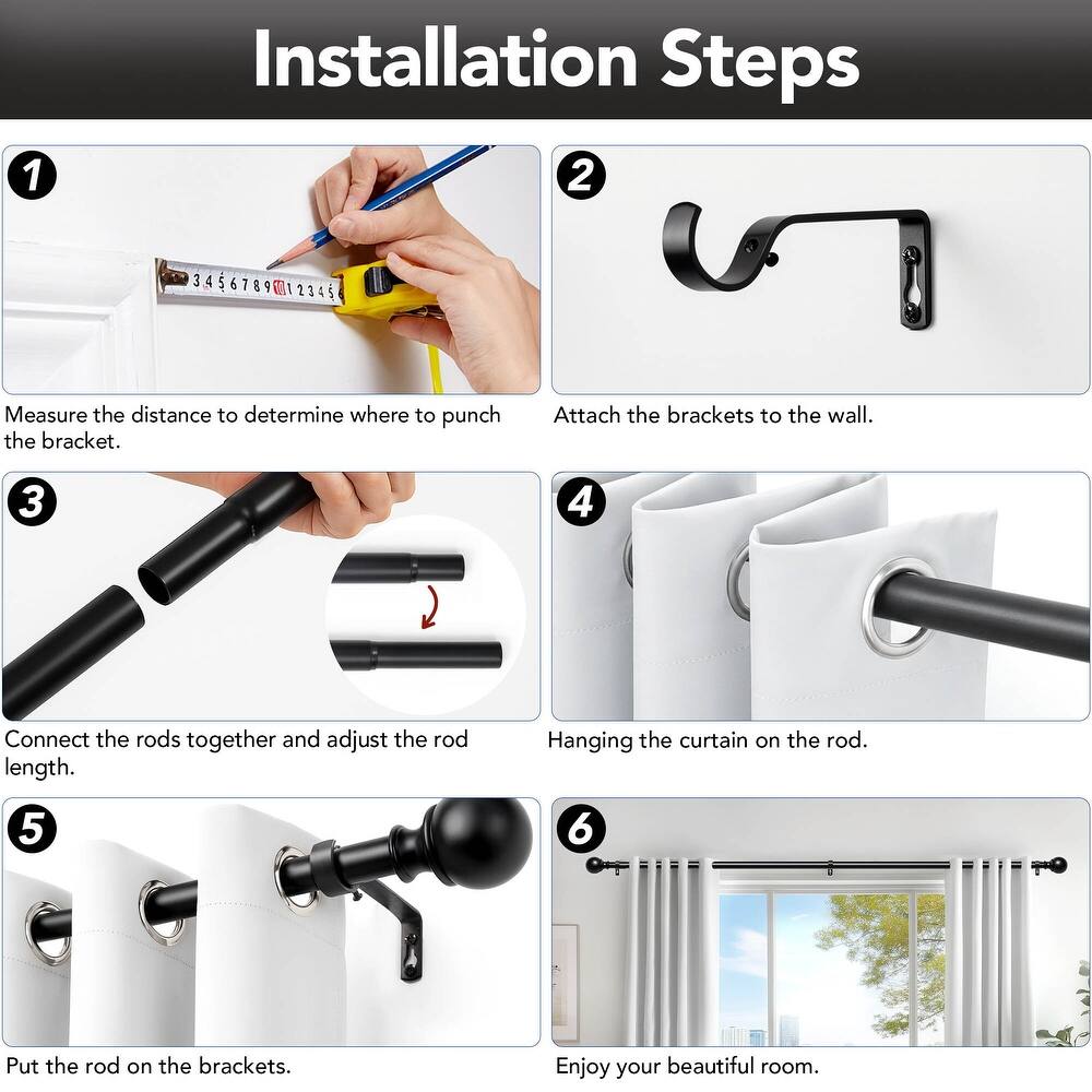 Deconovo Adjustable Curtain Rod with Modern Ball Finials for Windows, Durable Metal Window Curtain Rod, Easy Installation, 1 Set